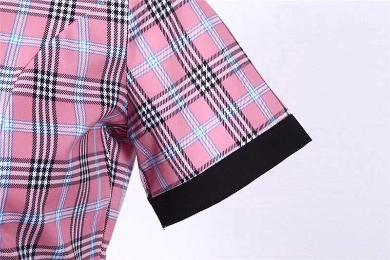 Short Sleeve Plaid Button Front Midi Dress with Belt