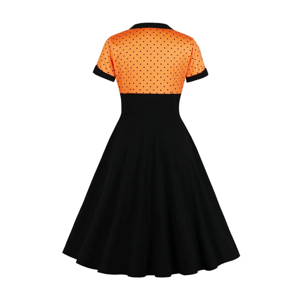 Short Sleeve Polka Dot Panel Fit and Flare Midi Dress