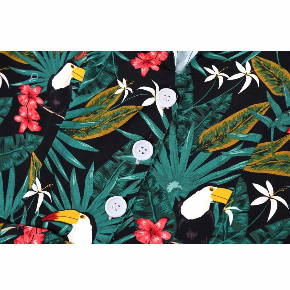 Short Sleeve Tropical Print Fit and Flare Midi Dress with Tie Belt