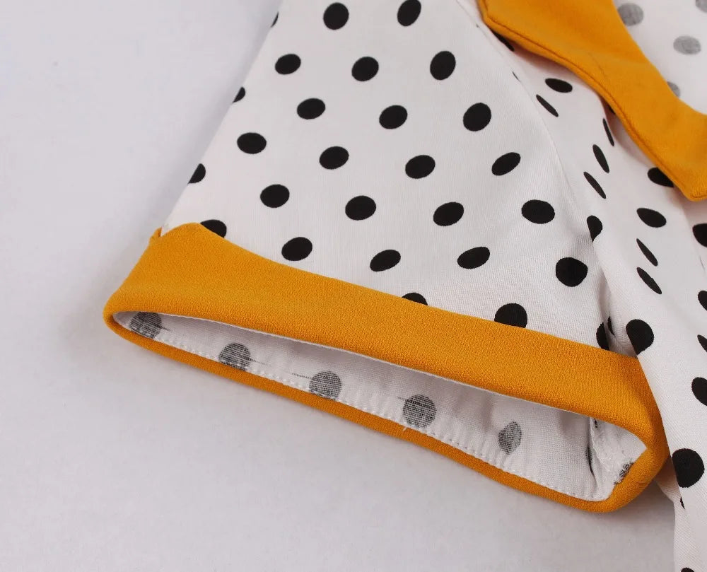 Short Sleeve Polka Dot Panel Fit and Flare Midi Dress