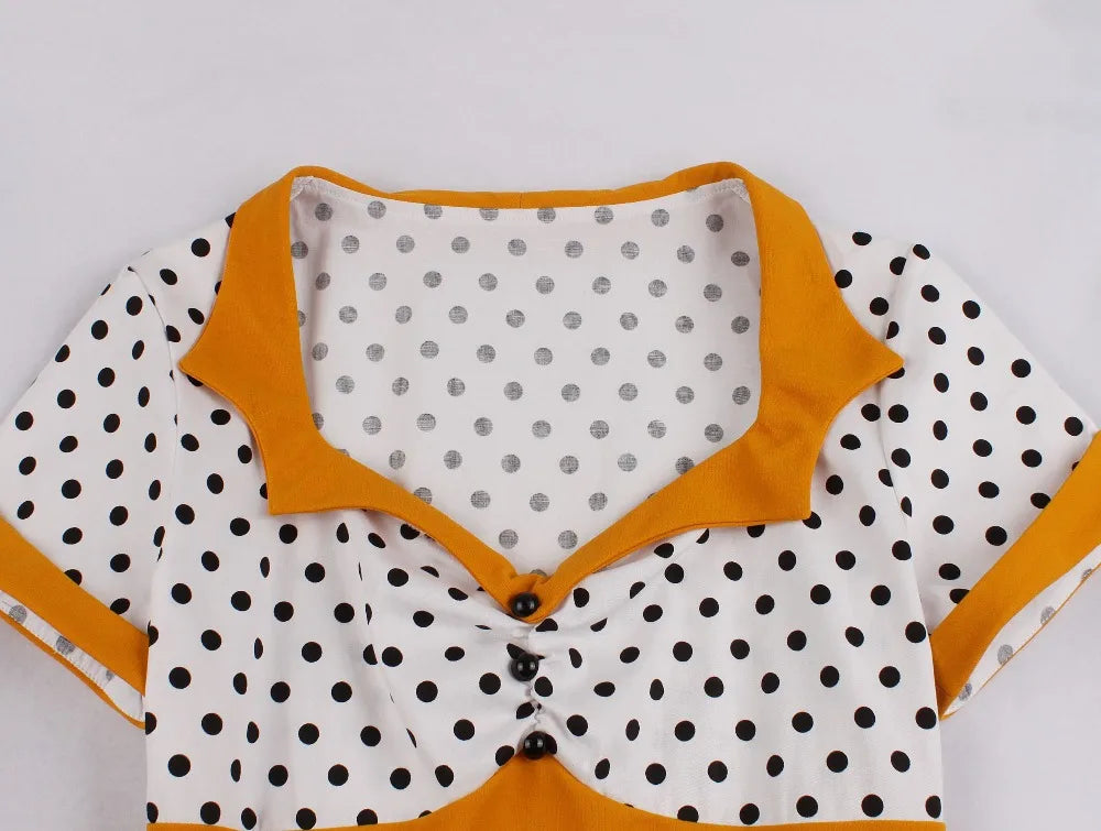 Short Sleeve Polka Dot Panel Fit and Flare Midi Dress