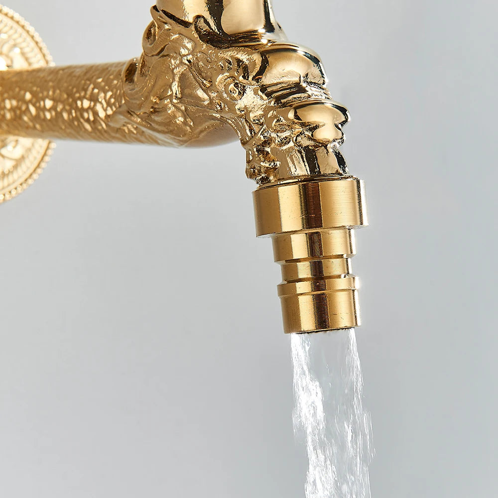 Old World Antique Brass Dragon Carved Wall Faucet