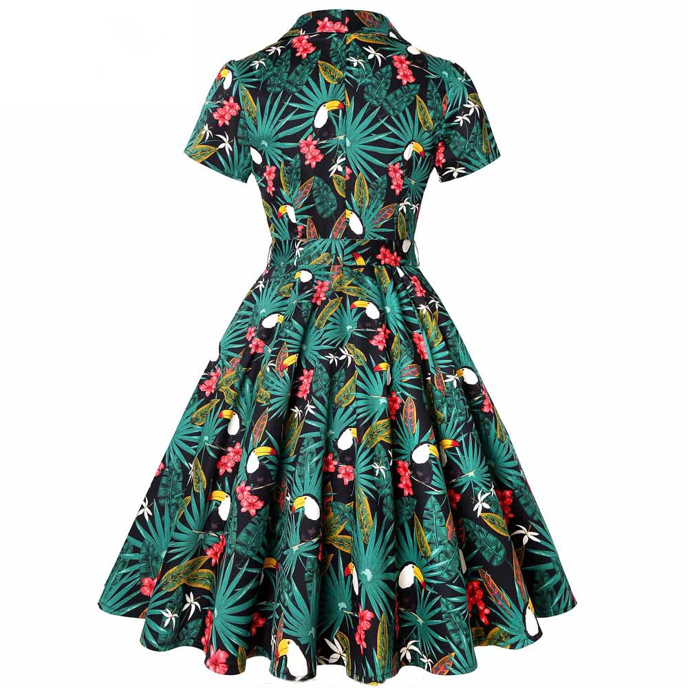Short Sleeve Tropical Print Fit and Flare Midi Dress with Tie Belt