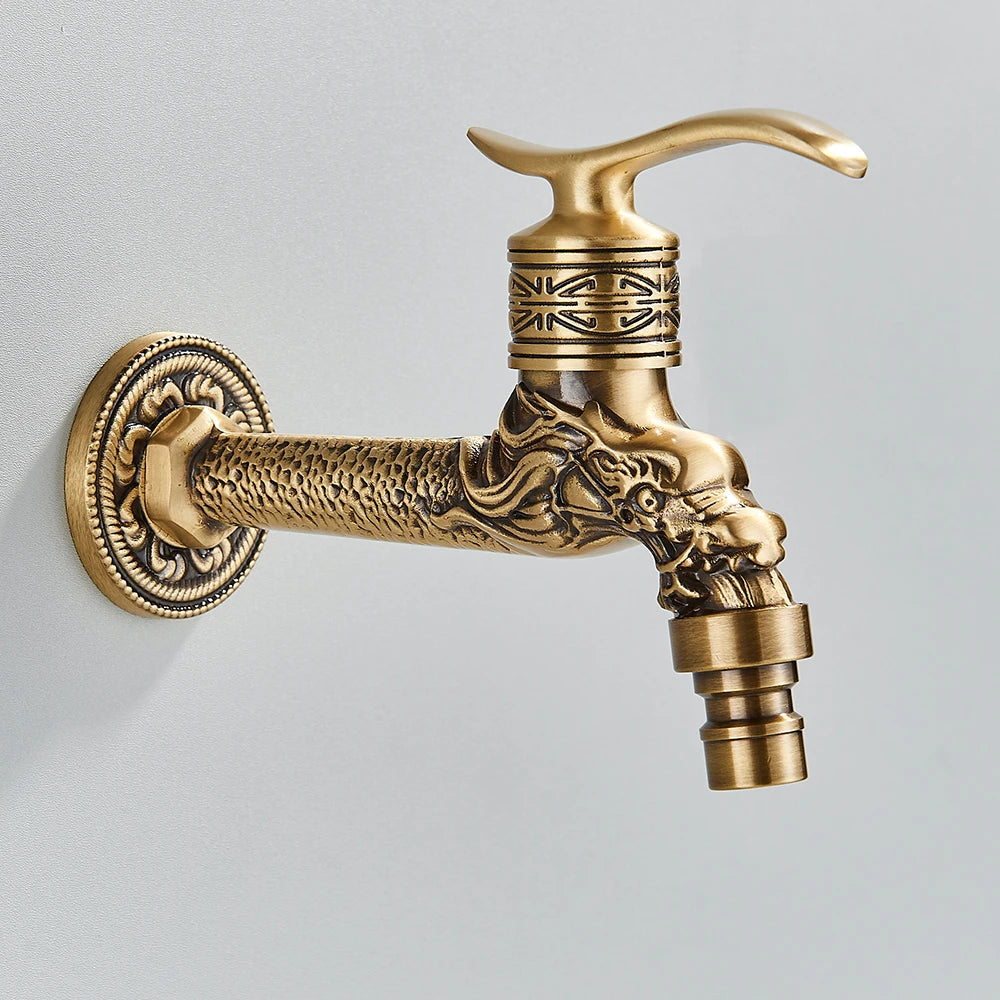 Old World Antique Brass Dragon Carved Wall Faucet