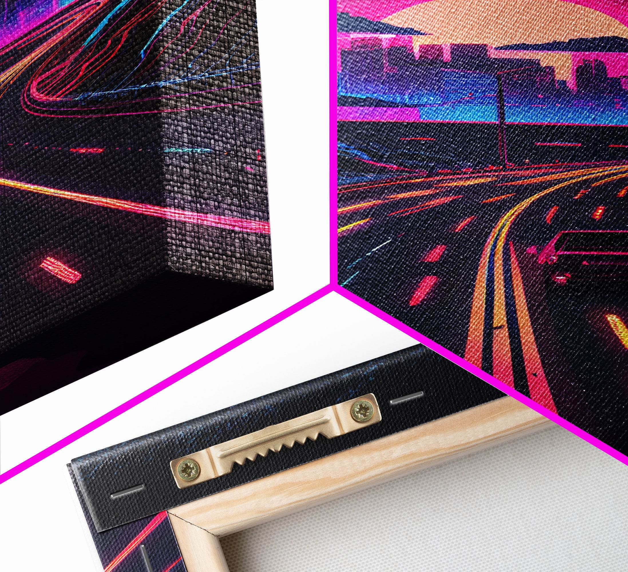 The Drive, Retrowave Outrun Style City Skyline Sunset, 80s Vibes, Framed Canvas Print