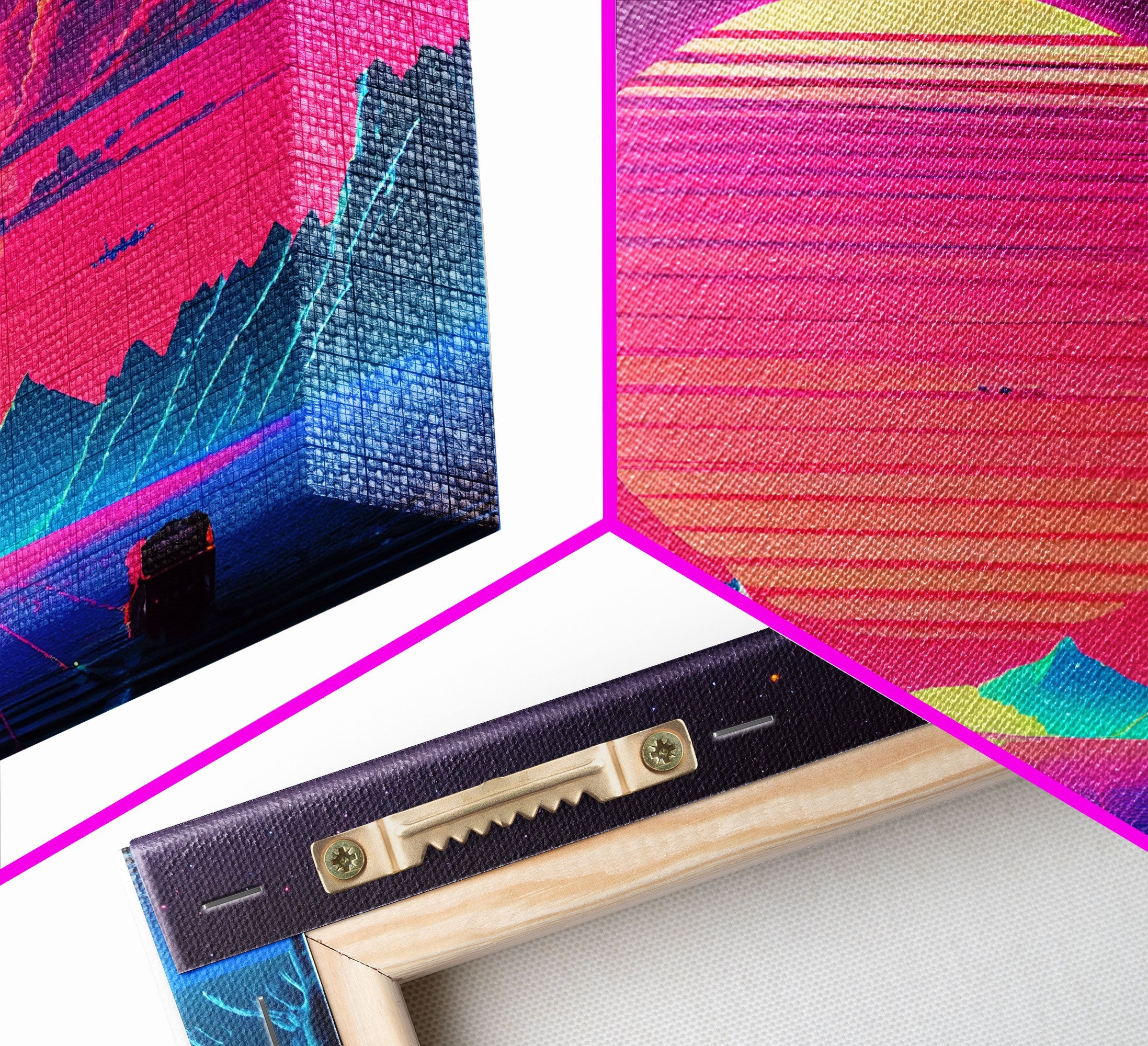 Retro Outrun Style Palm Trees and Sunset, Framed Canvas Print, Wireframe lake and mountain vista