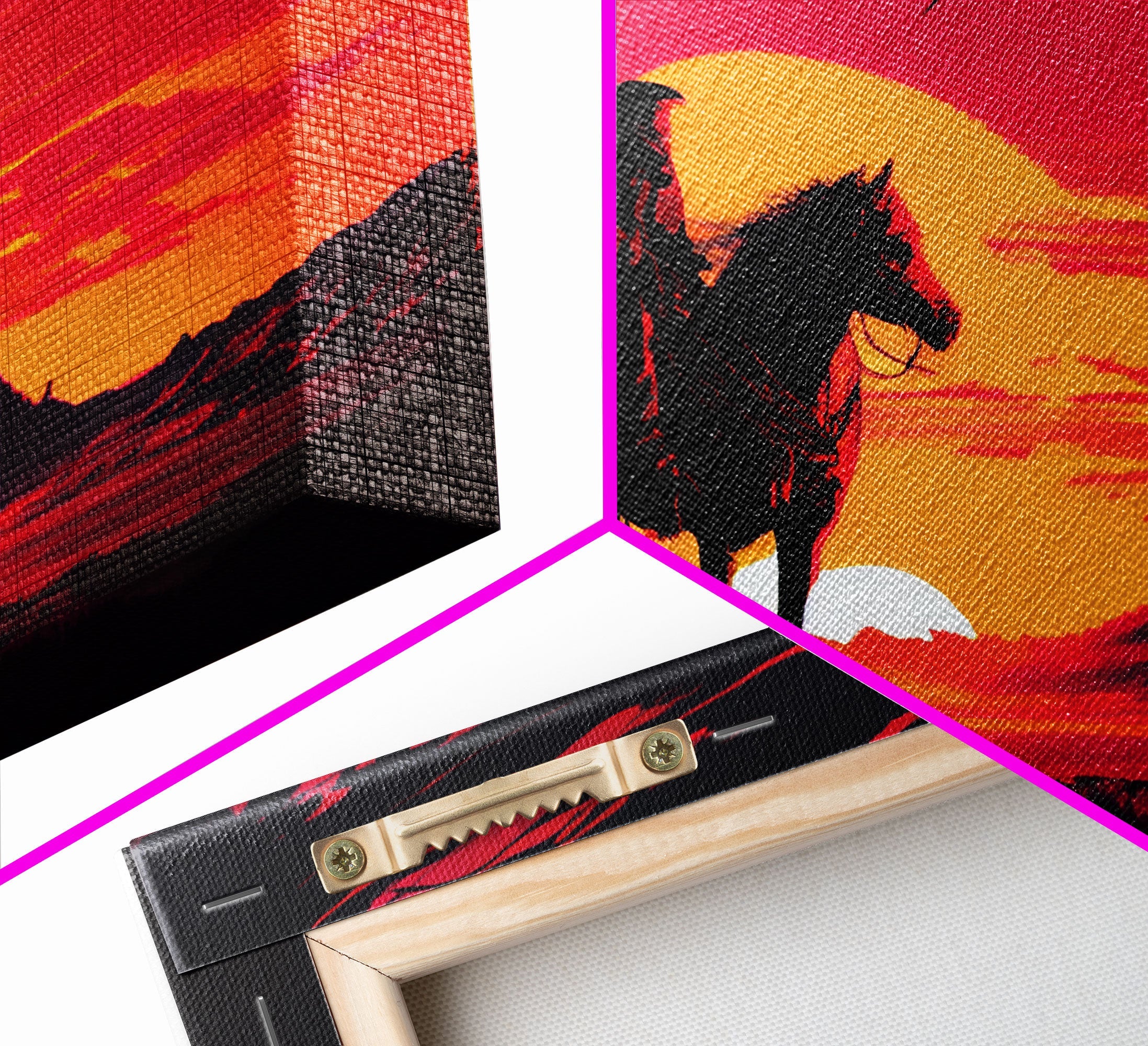 Retro Wildwest Sunset Art, Framed Canvas Print, Native American Warrior on Horseback