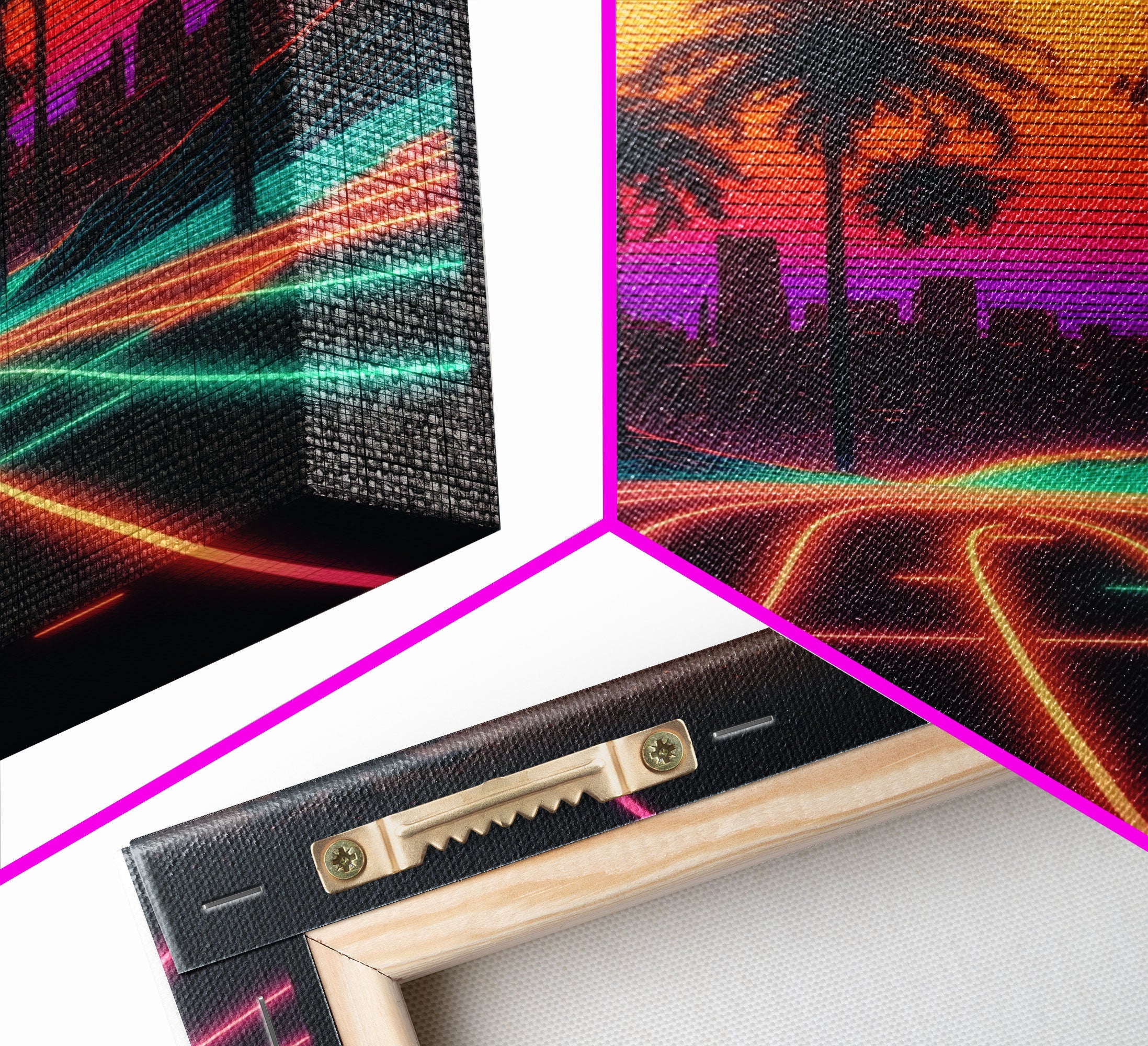 Neon Wireframe Road at Sunset, Outrun / Synthwave Palm Tree Art, 80s Retro Inspired Art, Framed Canvas Print