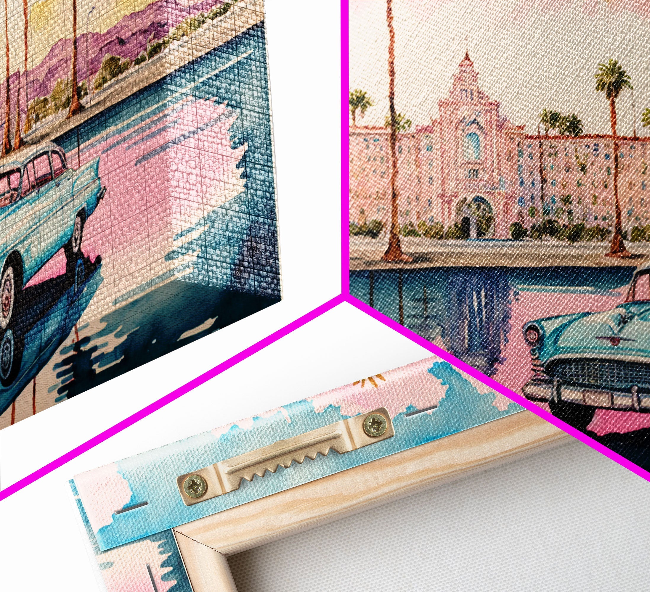 Vaporwave Aesthetic Cuba, Retro 50's car, Tropical Art, Framed Canvas Print