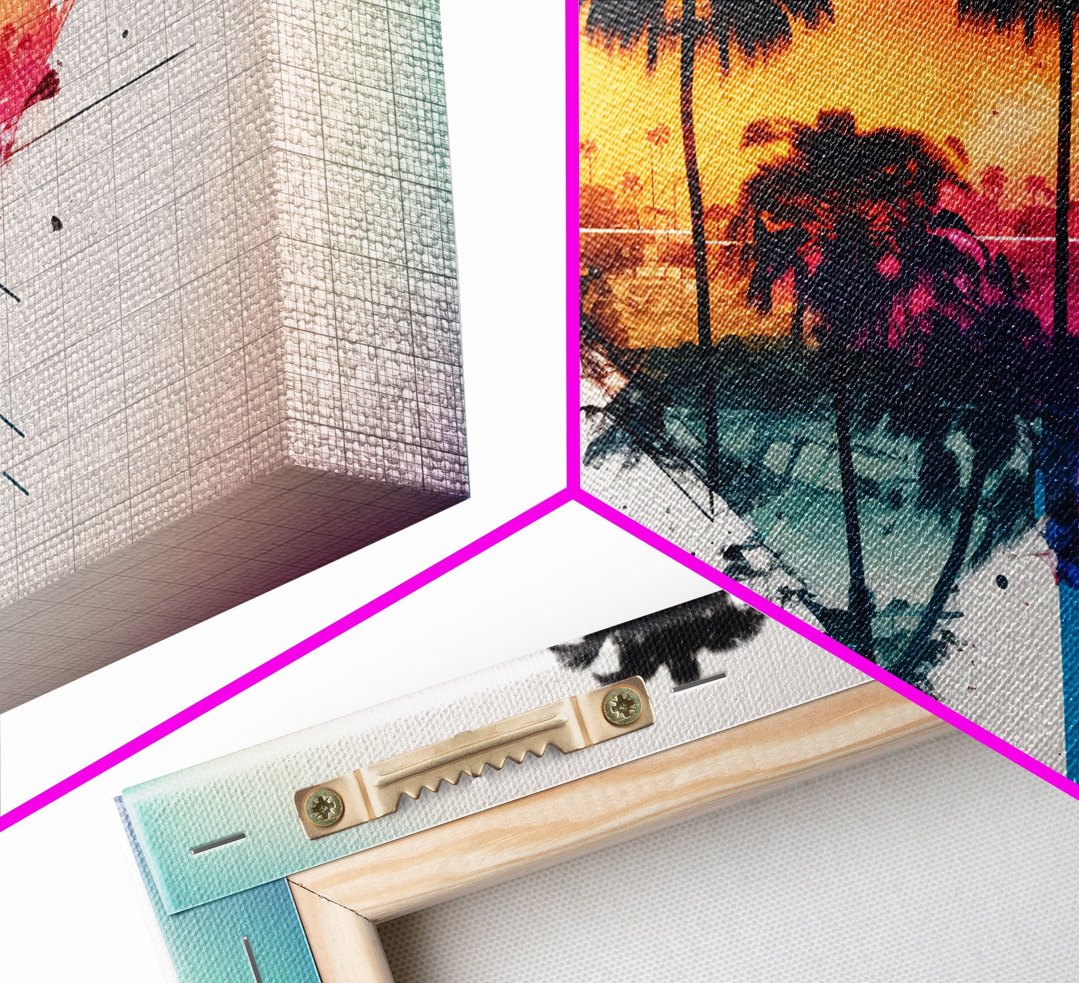 Retrowave / Synthwave Sunset Behind Beautiful Palm Trees, 1980s Style Retro Home Decor, Framed Canvas Print, Double Exposure Art