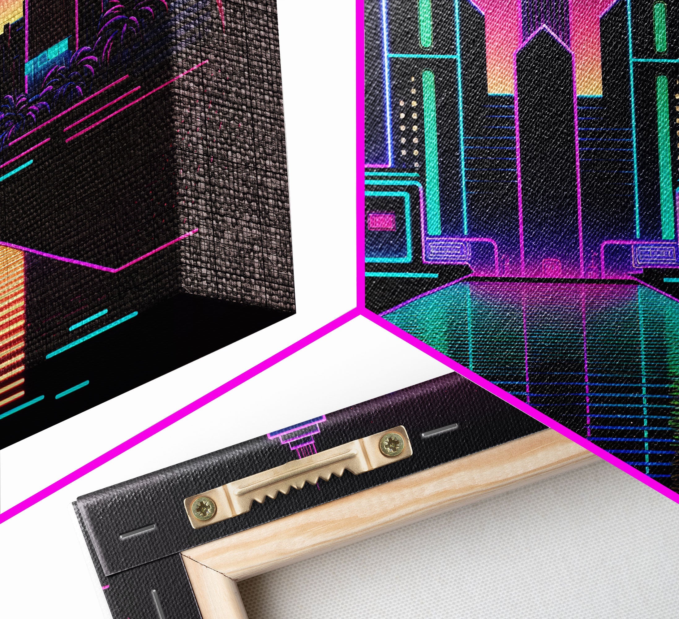 Retro Style Synthwave Wireframe City, Outrun Style, Framed Canvas Print, 80s Vibes Art