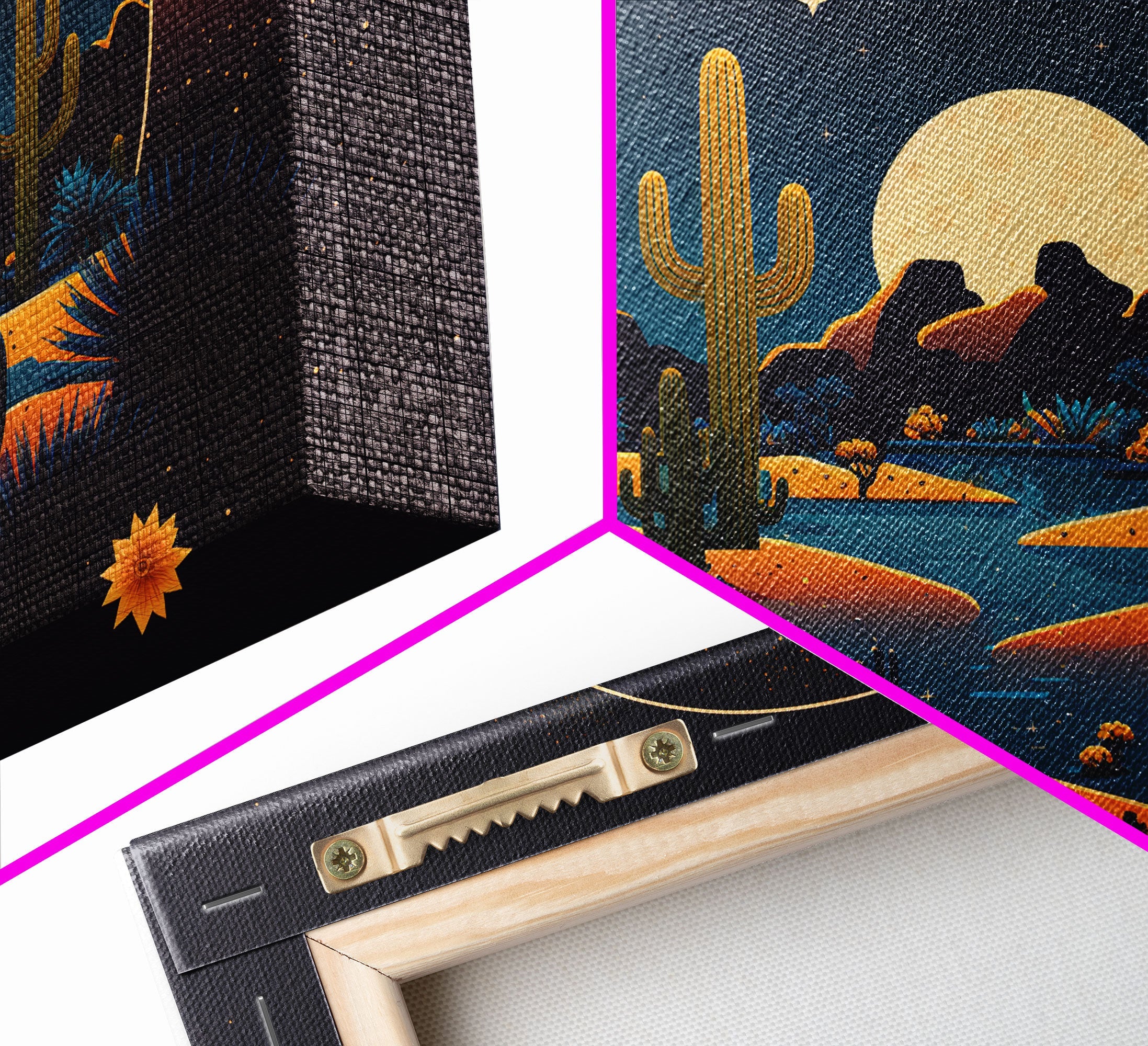 Retro Art Deco Style Pueblo Desert Art, Cactus Desert Landscape under a Full Moon, Framed Canvas Print, Cute Western Decor