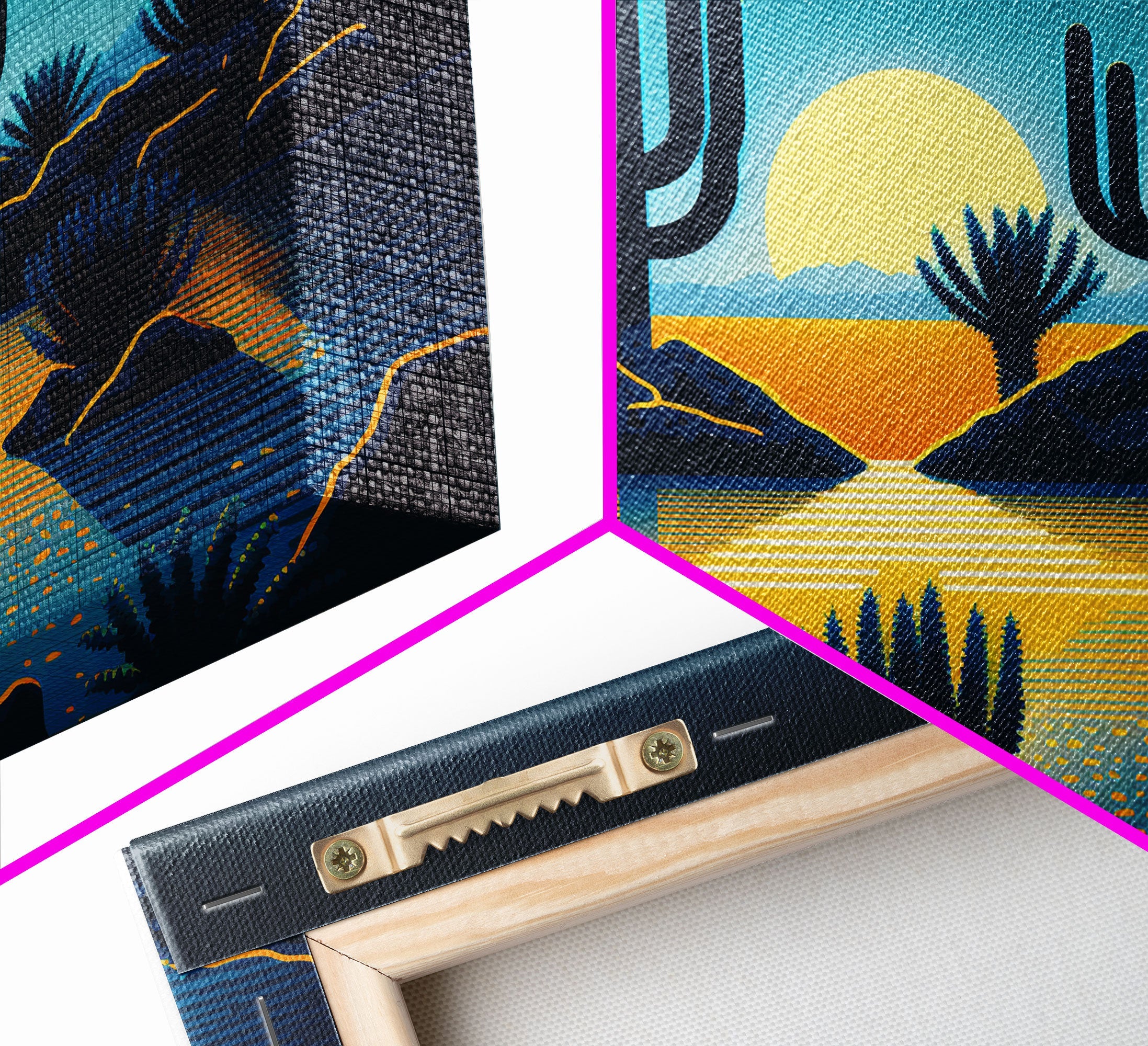 Retro Art Deco Style Pueblo Desert Art, Cactus Desert Landscape under a Full Moon, Framed Canvas Print, Cute Western Decor