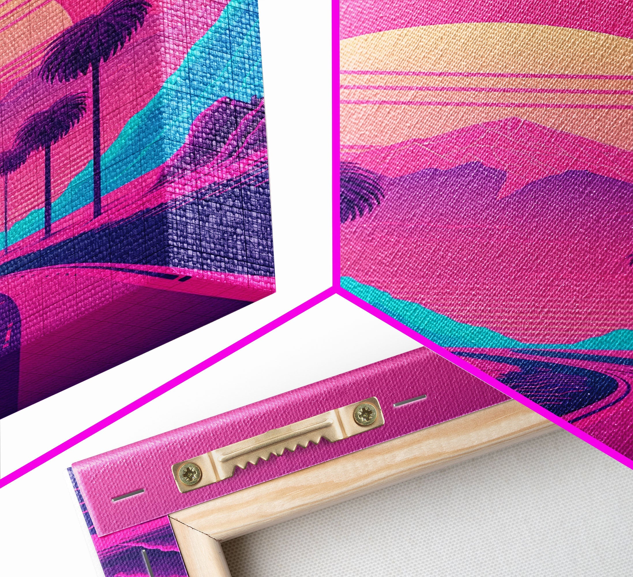 Retro Synthwave 80s Vibes Sunset Over The Mountains and Palm Trees, Highway, Framed Canvas Print