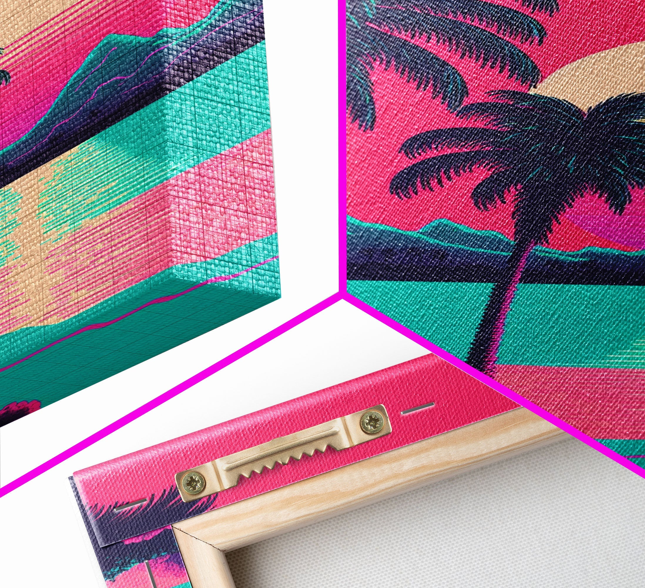 Retro Synthwave 80s Vibes Sunset Over The Mountains and Palm Trees, Highway, Framed Canvas Print