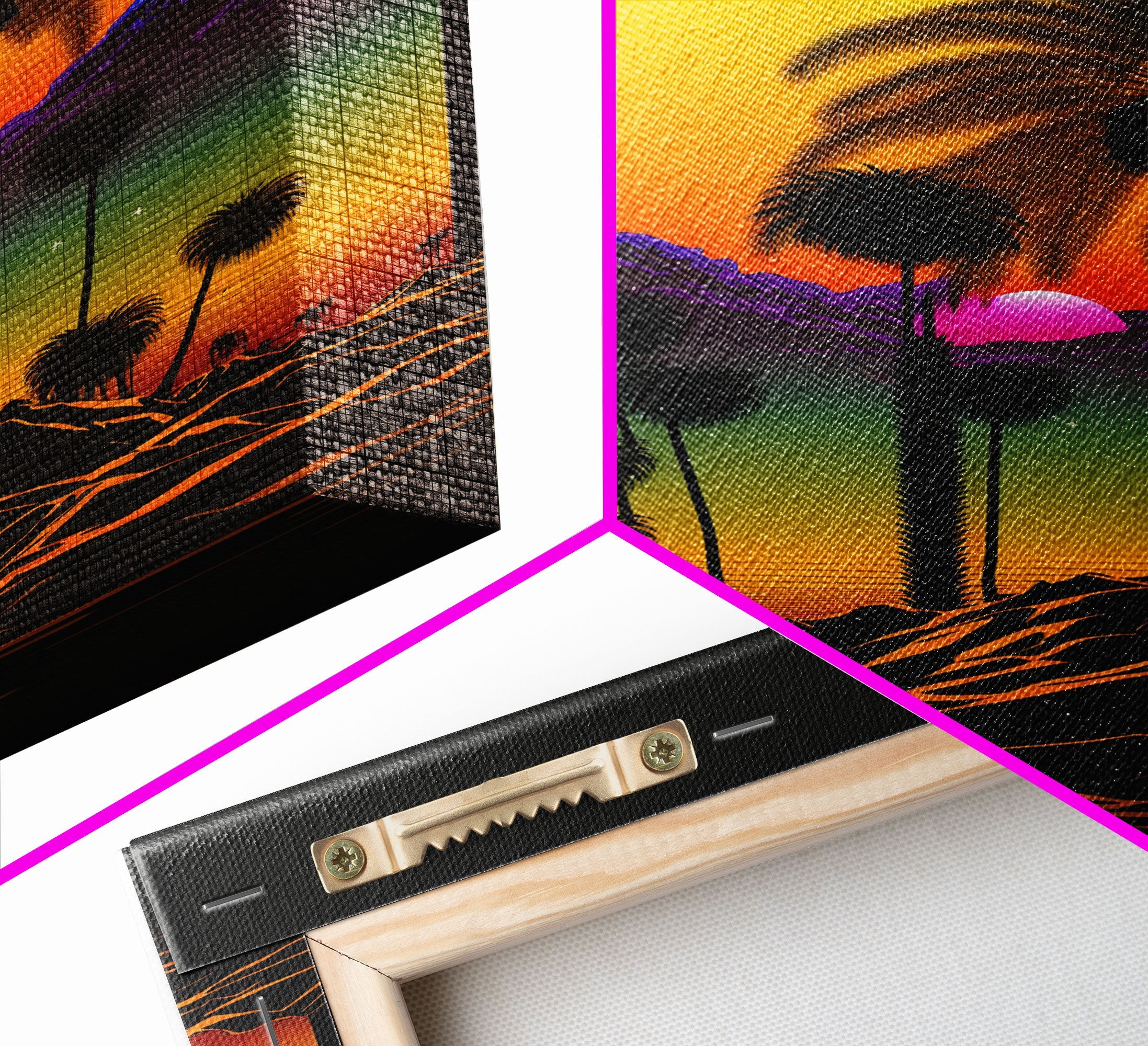 Pop Art Framed Canvas Print of Desert Landscape at Sunset, Outrun Style Sunset Full Moon Art, Unique 80s Vibe Retro Art