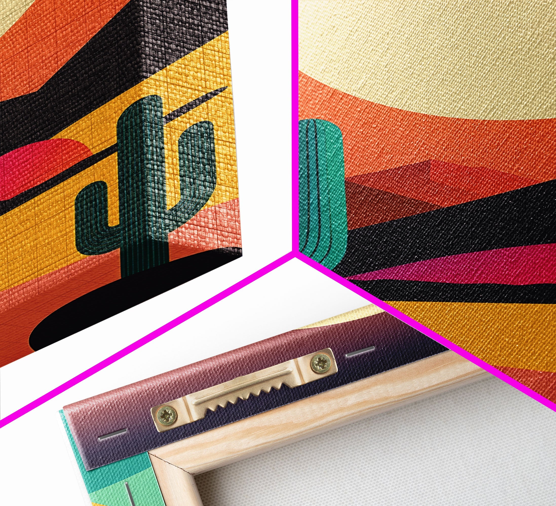 Pop Art Framed Canvas Print of Desert Landscape at Sunset, Outrun Style Sunset Full Moon Art, Unique 80s Vibe Retro Art, Art Deco