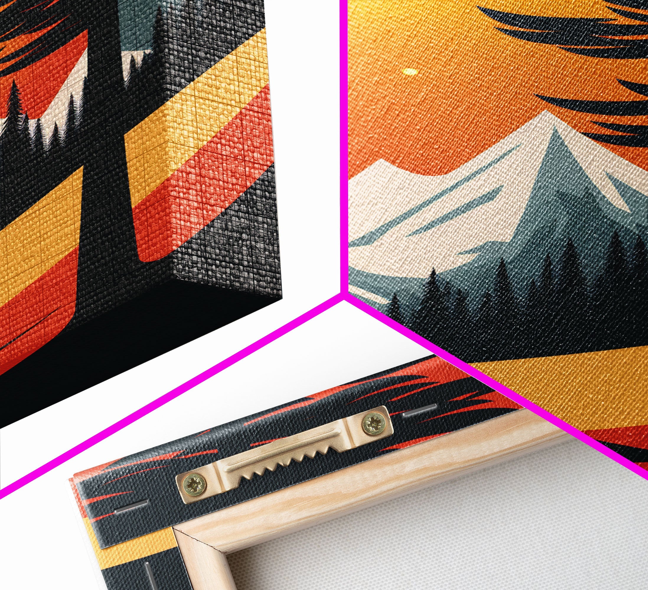 Retro Landscape Art, Sunset Over The Mountains, Framed Canvas Print, Minimalist Pop Art, Above Sofa Living Room Art, Entryway Art