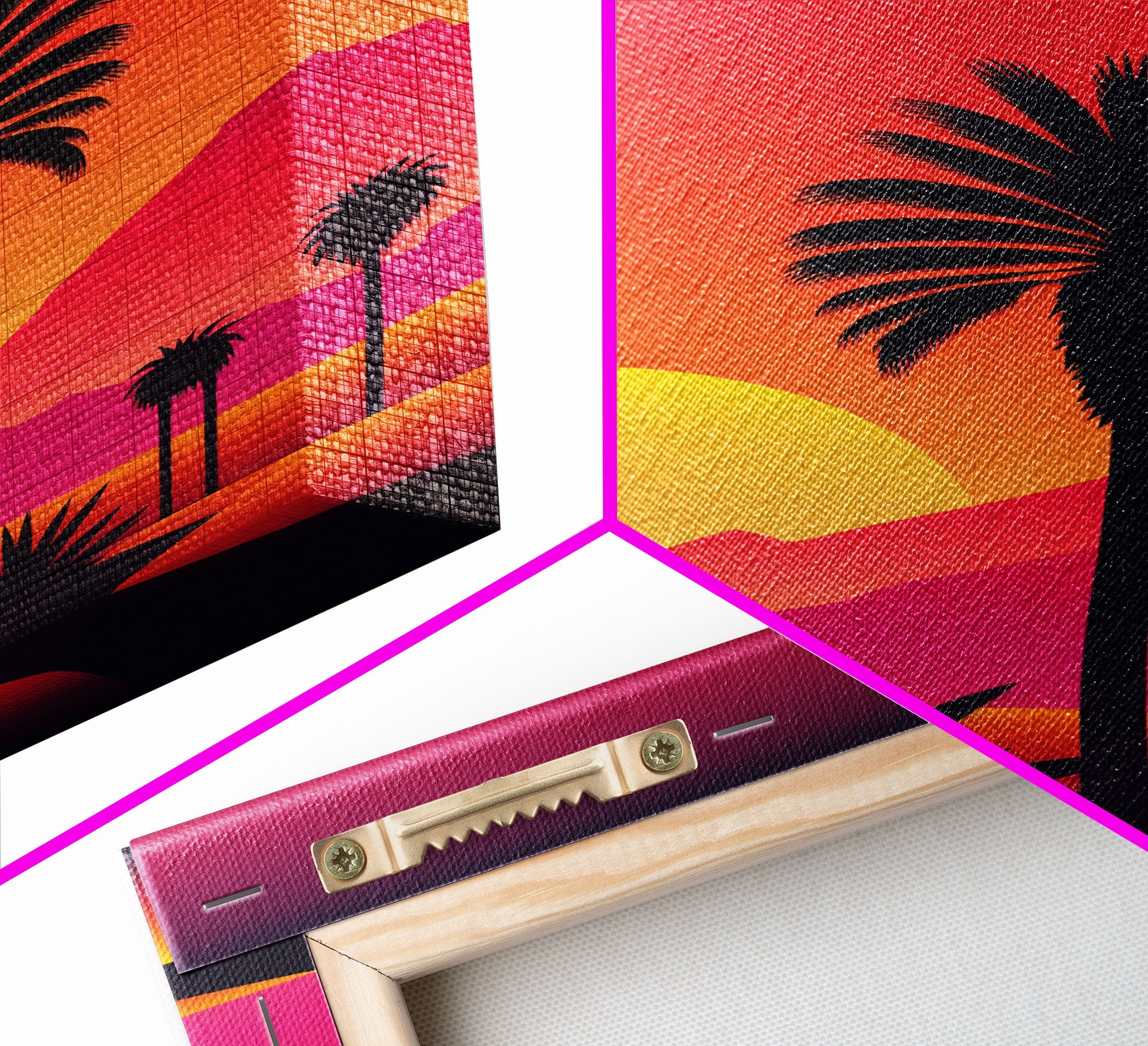 Palm Trees at Sunset, Synthwave Decor, 80s Retro Vibes Landscape Art, Framed Canvas Print