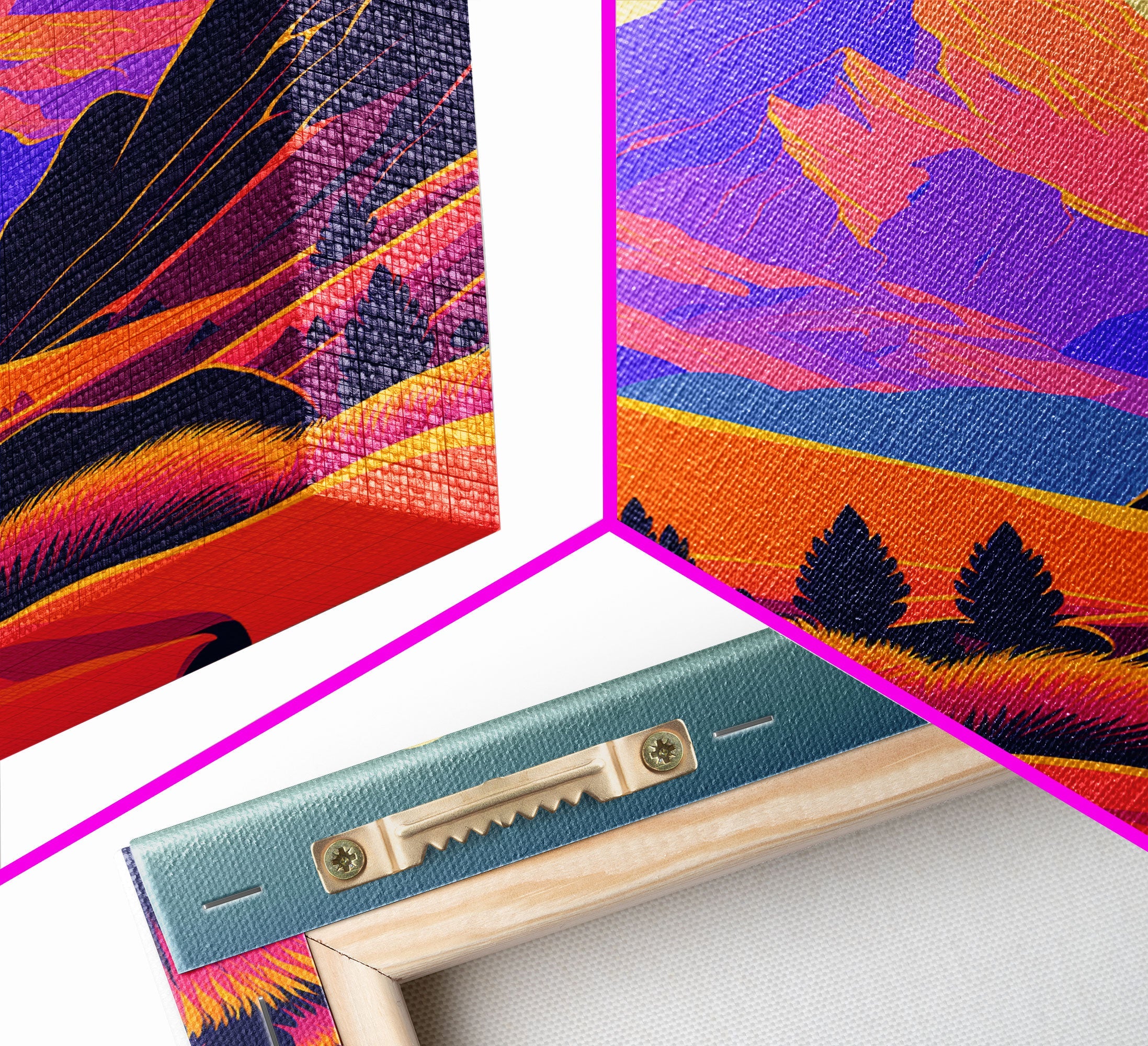 Retro Purple Midcentury Style Wall Art, Framed Canvas Print, Colorful Wall Art, Mountain Landscape, Office Decor, Low Res Art