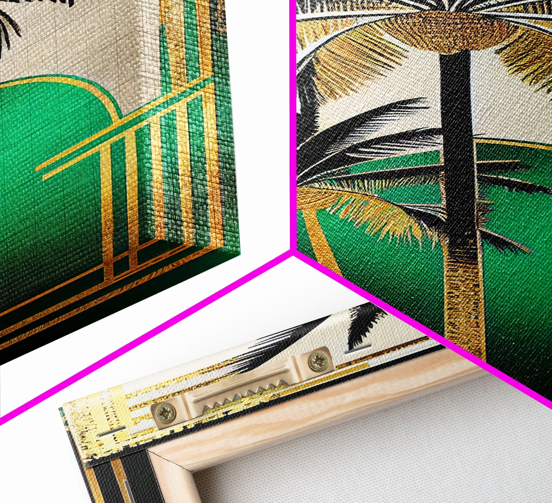 Boho Modern Frank Lloyd Wright-inspired Art Deco Canvas Print, Emerald Green and Gold Palm Tree, wall decor, wall art original, MCM Art