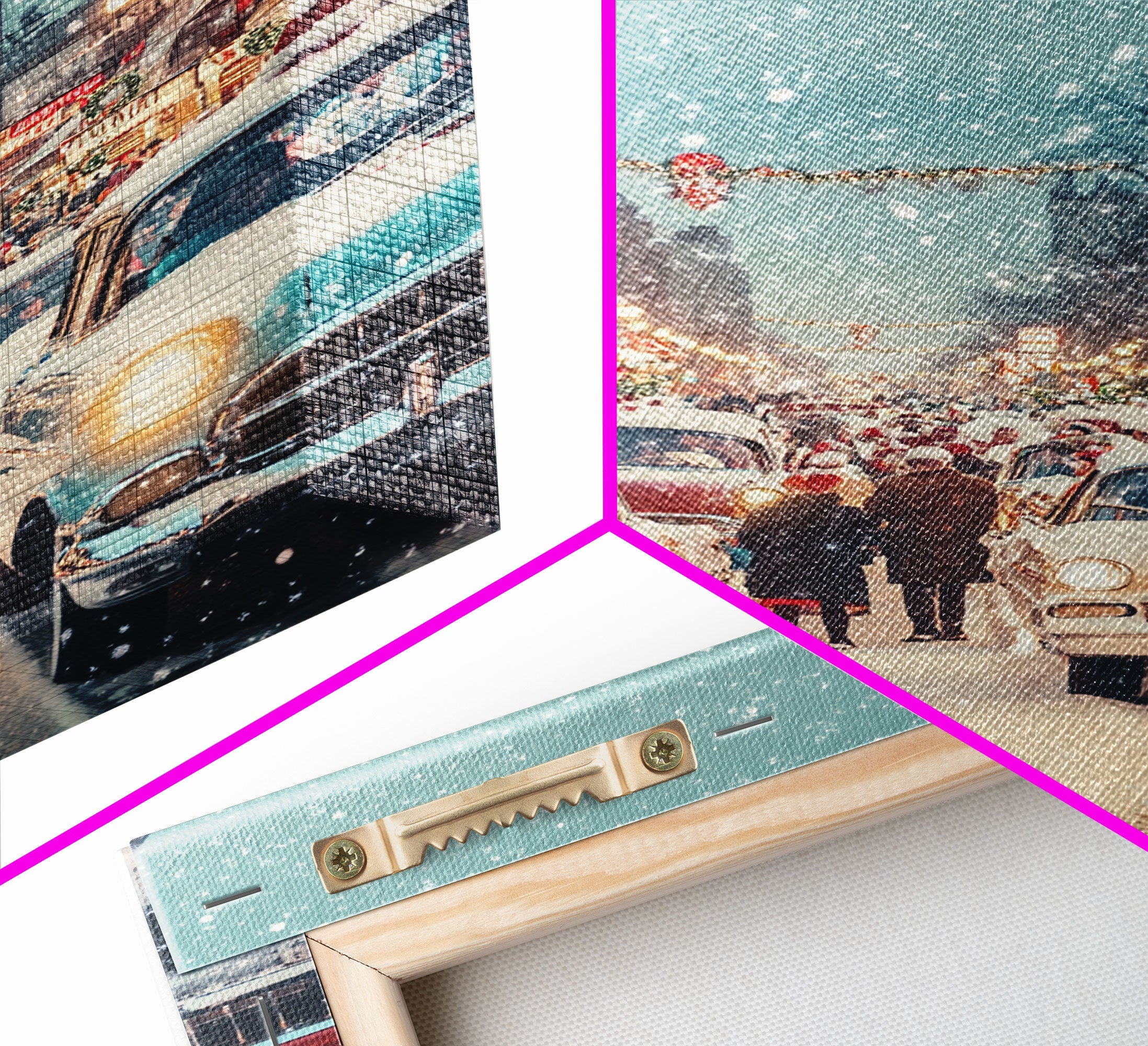 Retro Christmas Parade on Snowy Main Street with Classic Cars and Holiday Decorations, Framed Canvas Print for Christmas Wall Decor