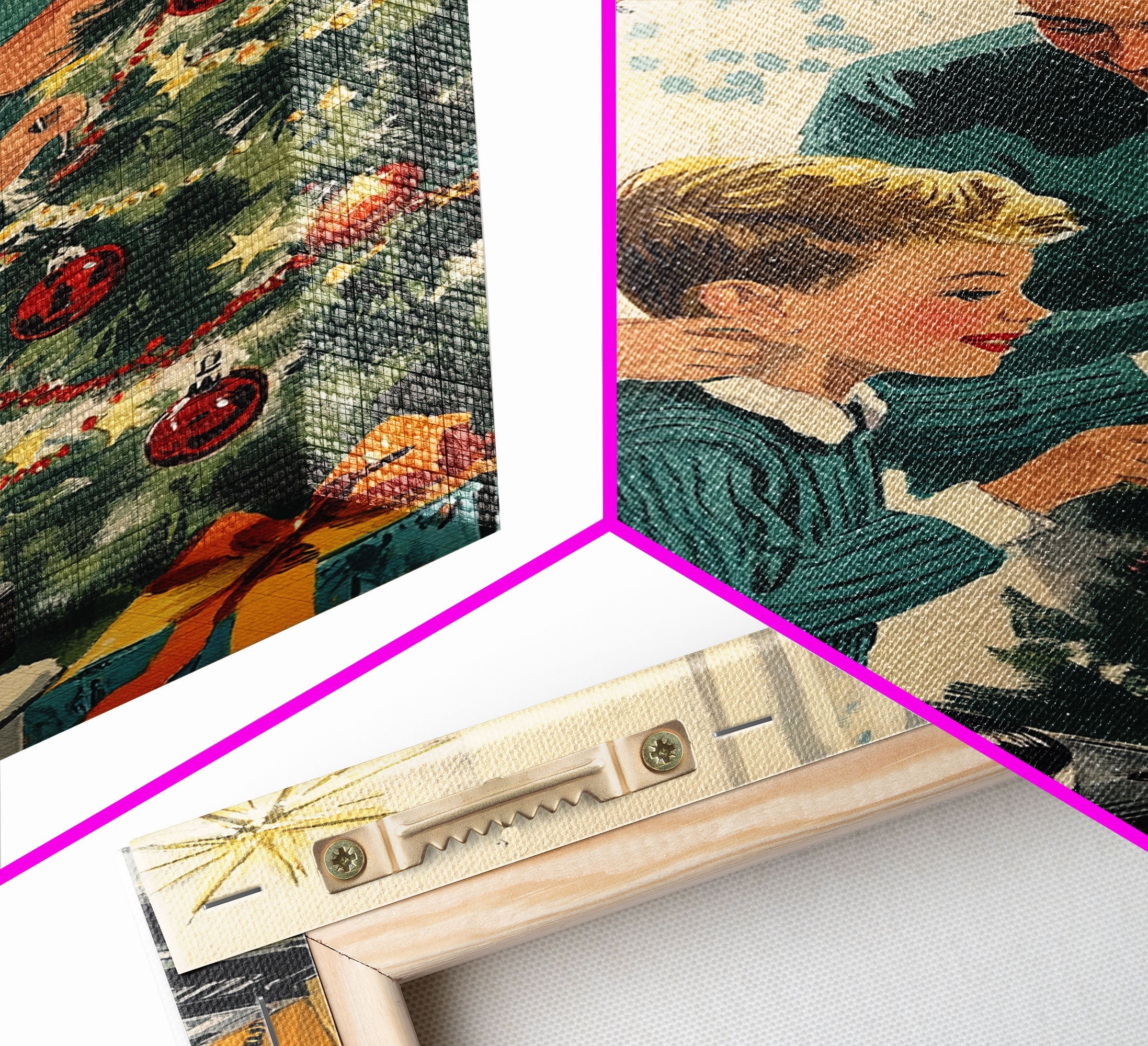 Mid-Century Family Christmas Celebration with Turntable and Christmas Tree, Retro Holiday Wall Art, Framed Canvas Print