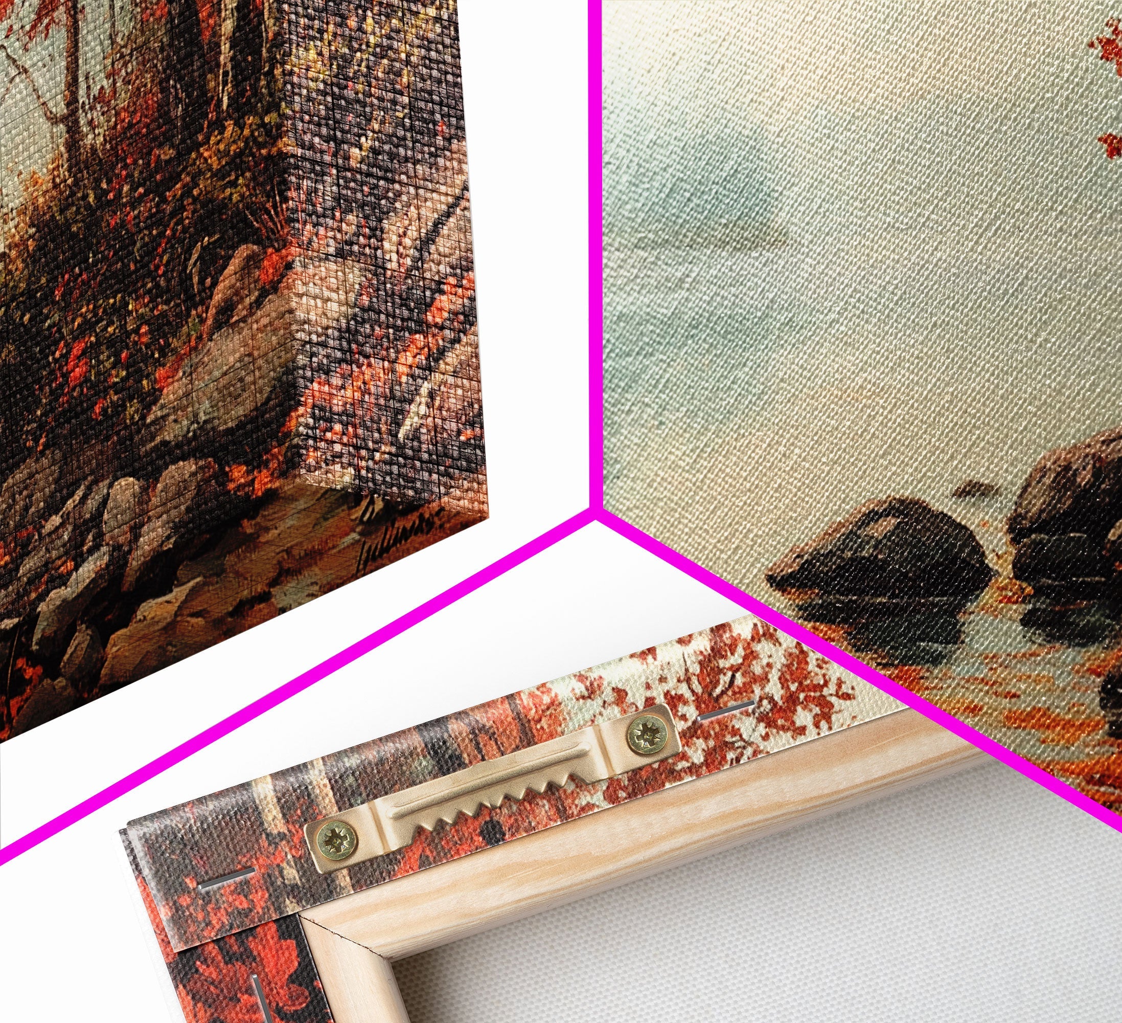 Fall On The River, Rustic Landscape Painting, Primitive Wall Art, Framed Canvas Print, retro festive holiday wall art Christmas decor