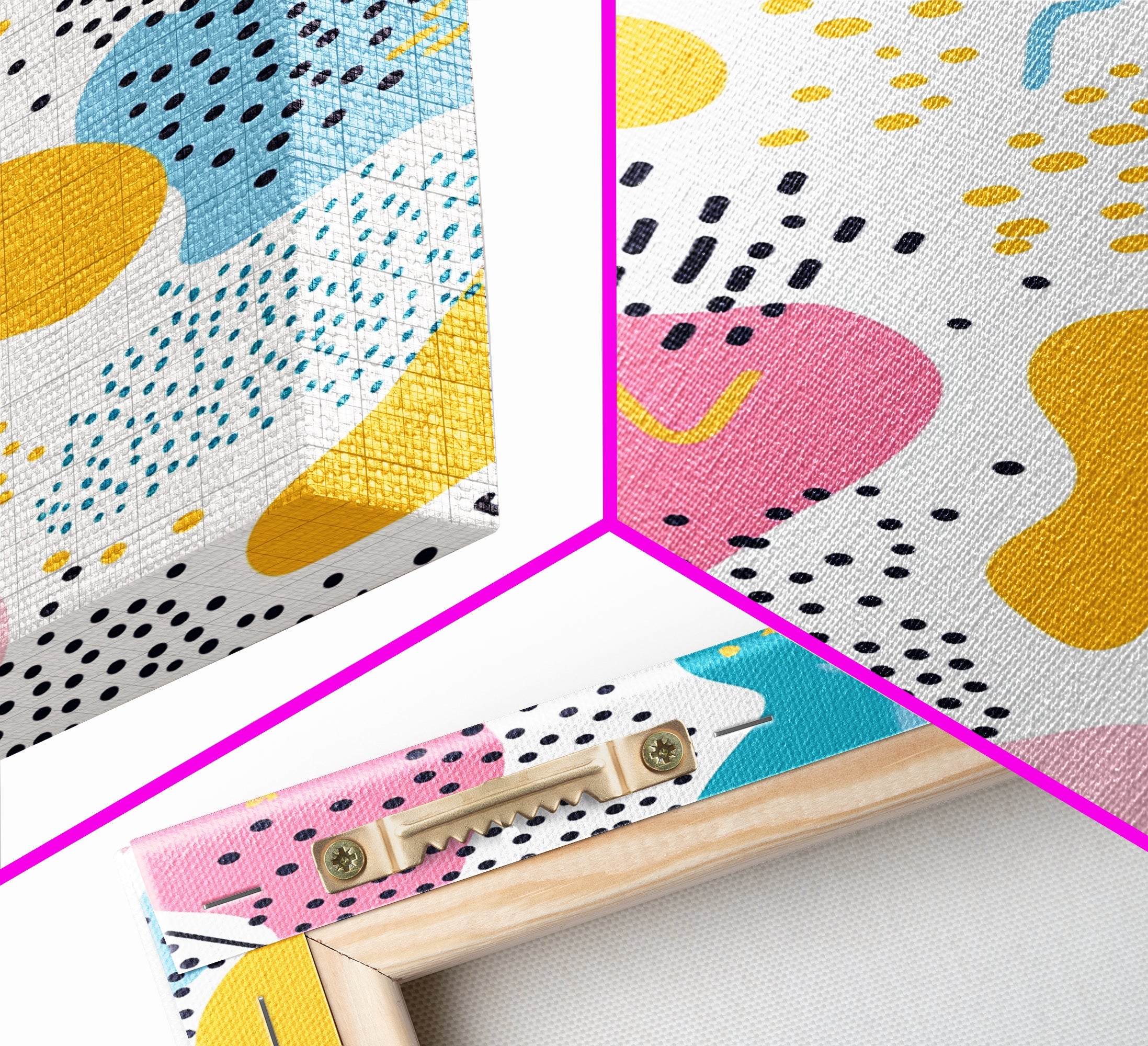 Retro 90s Style Wall Art, Framed Canvas Print, Abstract Shapes and Dots