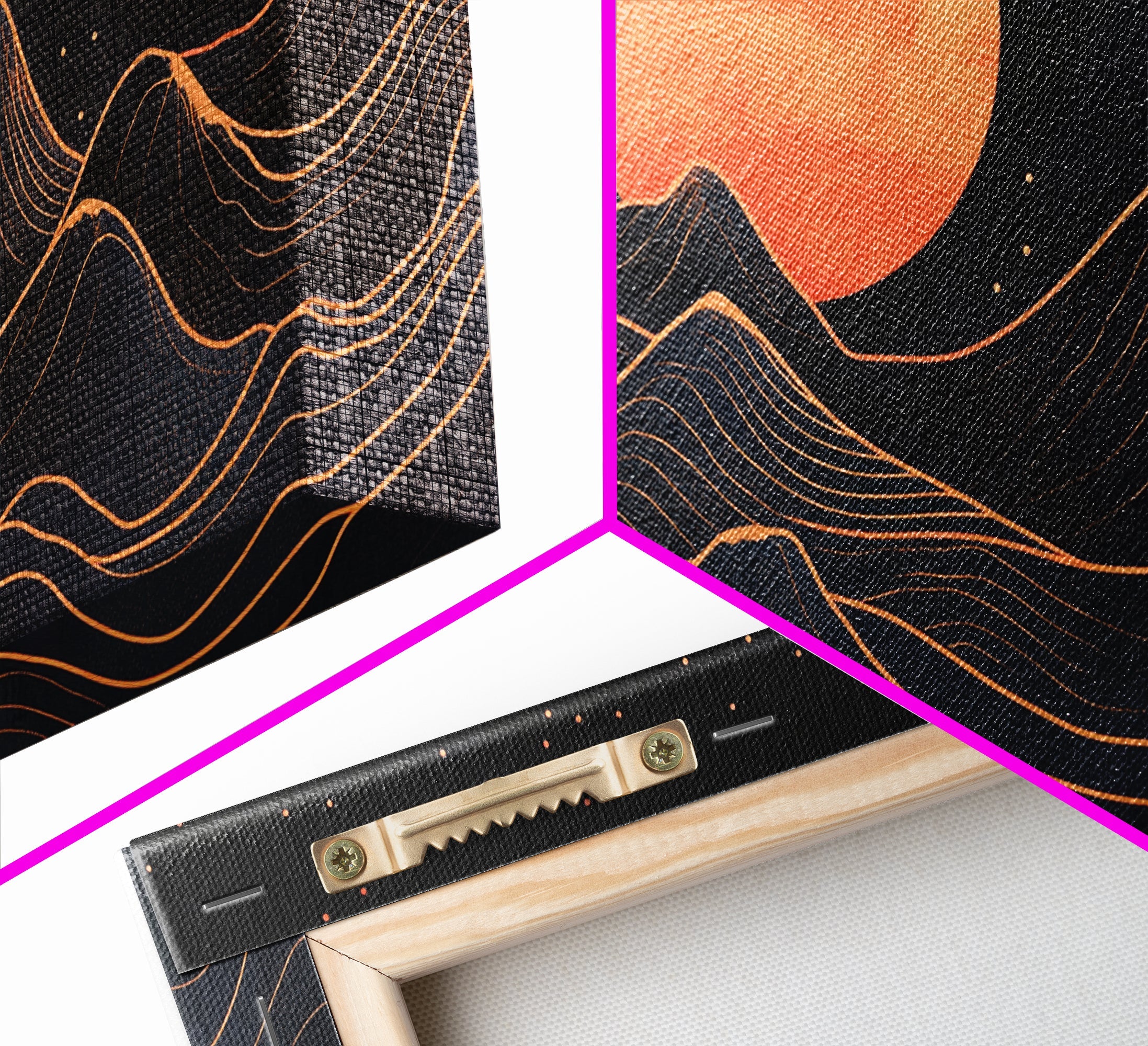 Art Deco Style Abstract Art, Orange Blood Moon Over Mountain Landscape, Retro Home Decor