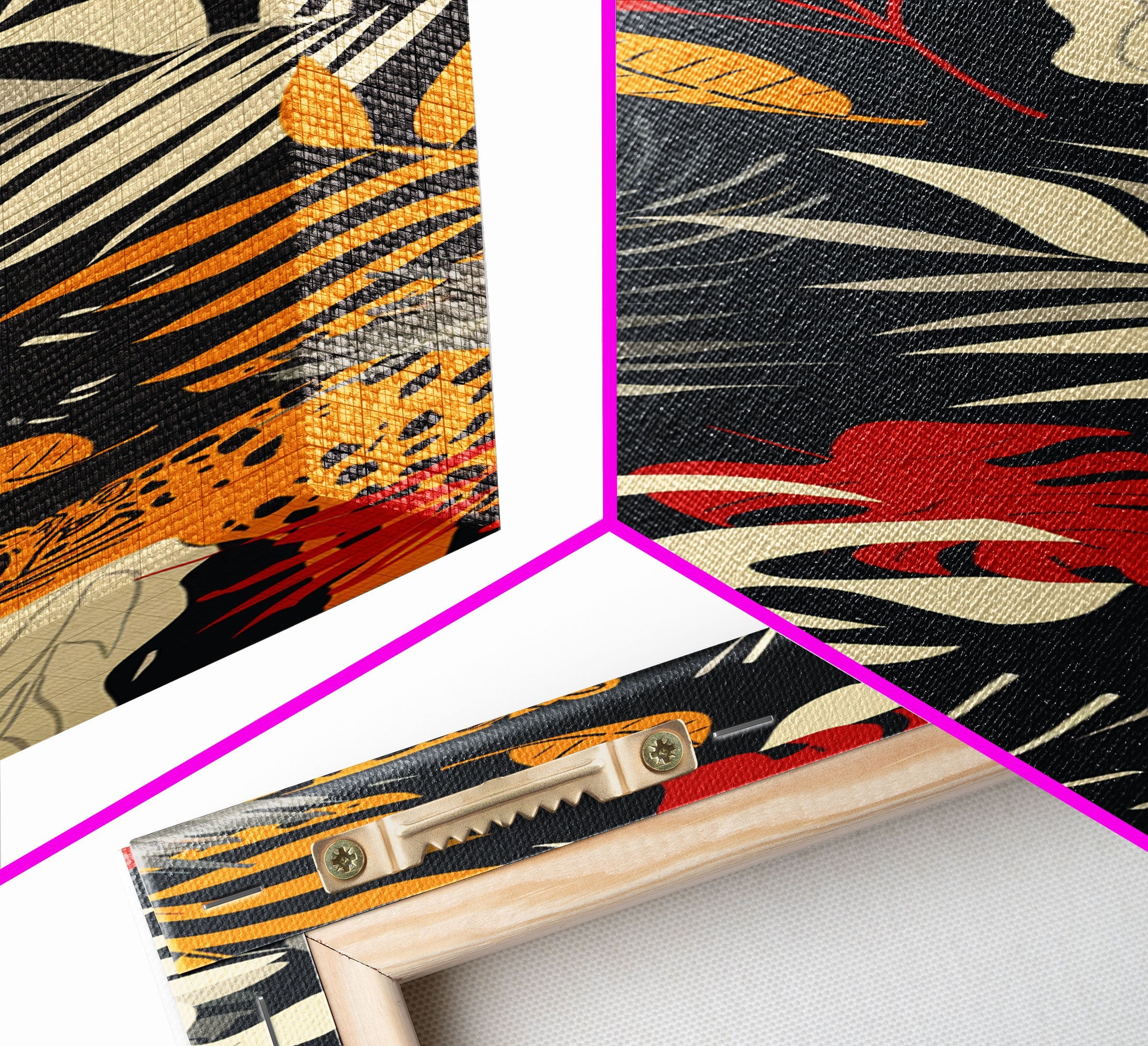 Jungle Foliage and Leopard Design on Black Background - Framed Canvas Print, Midcentury Modern Art, Skinny Art, Tall Art, Living Room Wall Decor, Boho Art