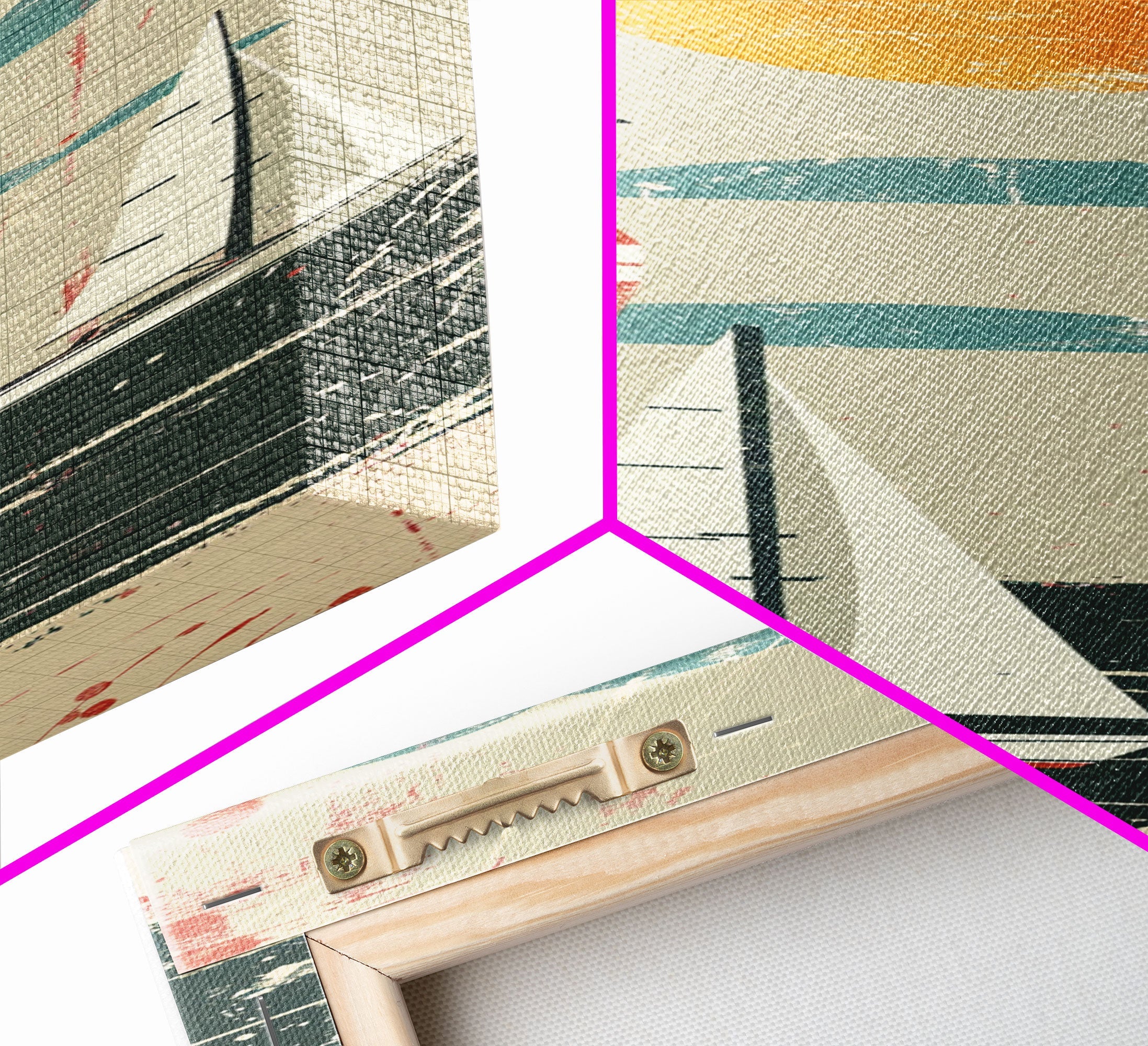 Sailboats Under the Sun, Retro Japanese Art Style Framed Canvas Print, Tall Skinny Art with a Vintage Touch