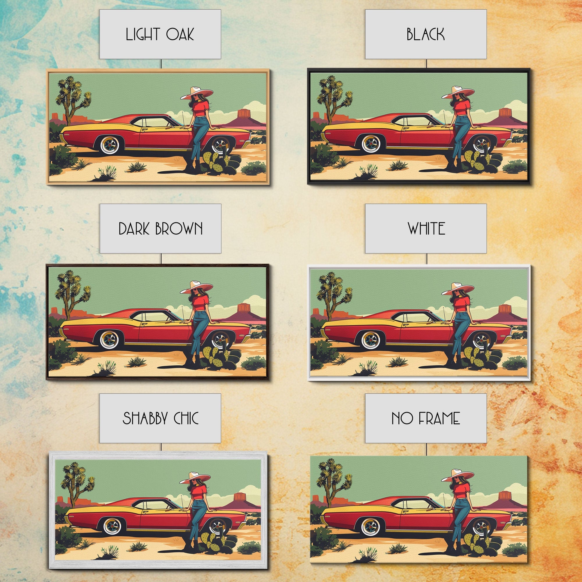 Retro Cowgirl with Red Car in Desert Landscape, Framed Canvas Print for Stylish Living Room Decor, Ideal Bedroom Wall Art