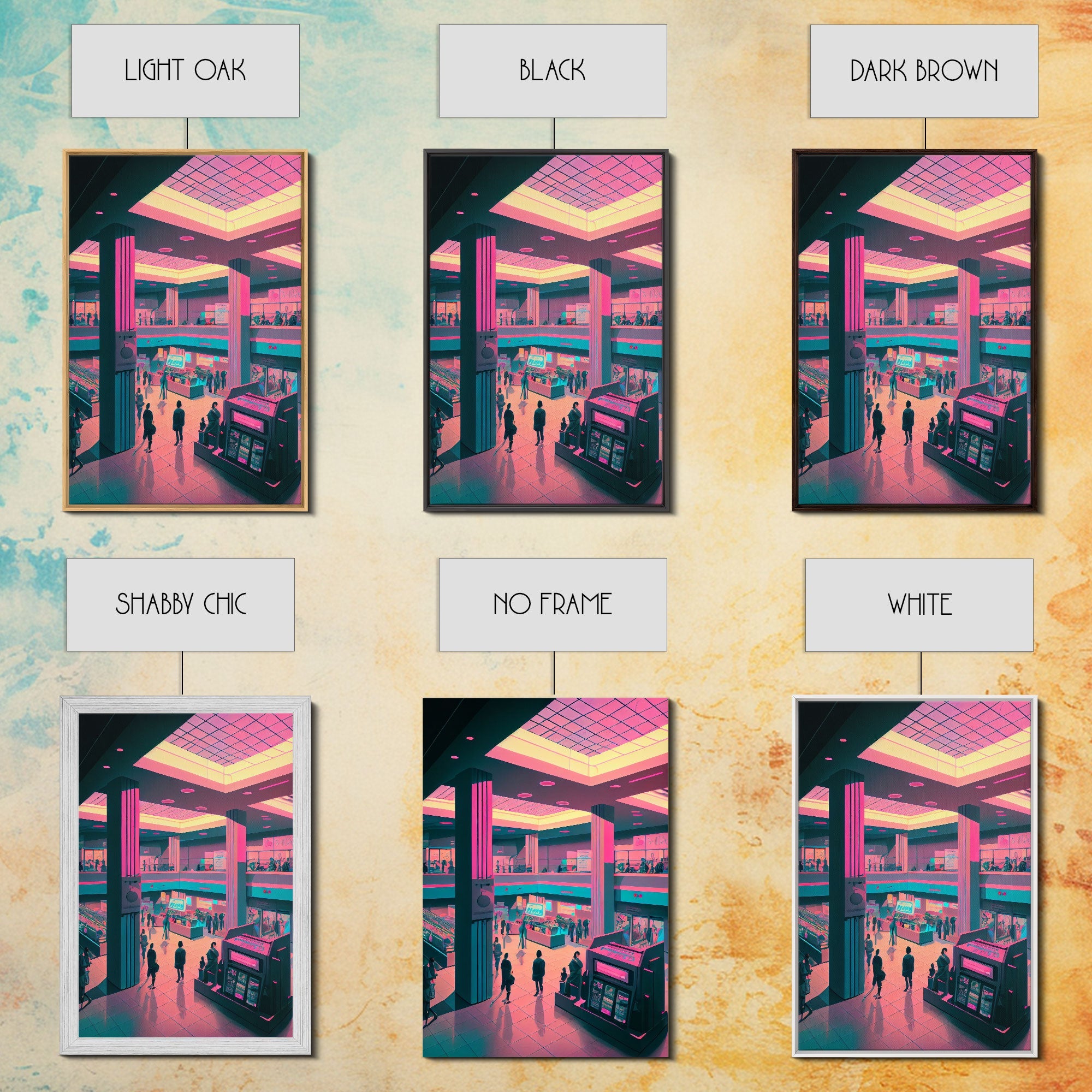 Monument to Capitalism, Retro 80's mall art, framed canvas print, vaporwave aesthetic consumer art