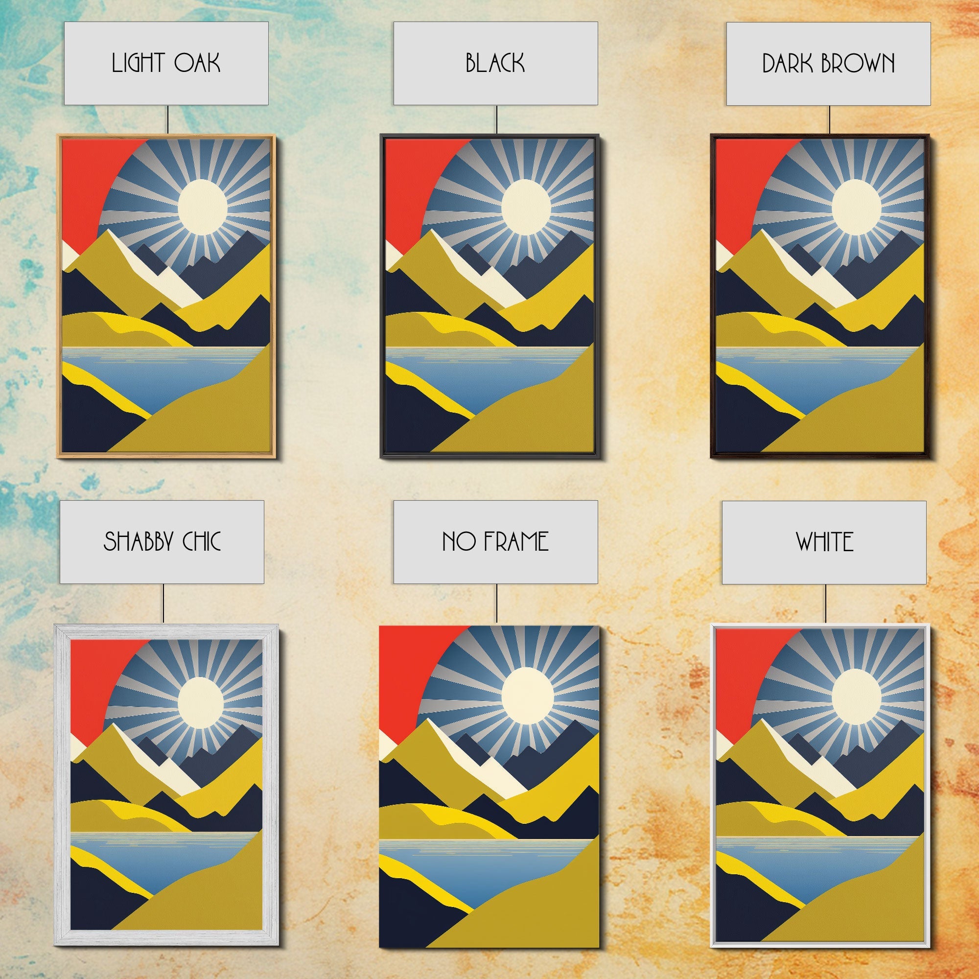 Scandinavian Style Midcentury Wall Art, Framed Canvas Print - Art Deco Minimalist Sunset Retro Style Wall Art Sepia Tones