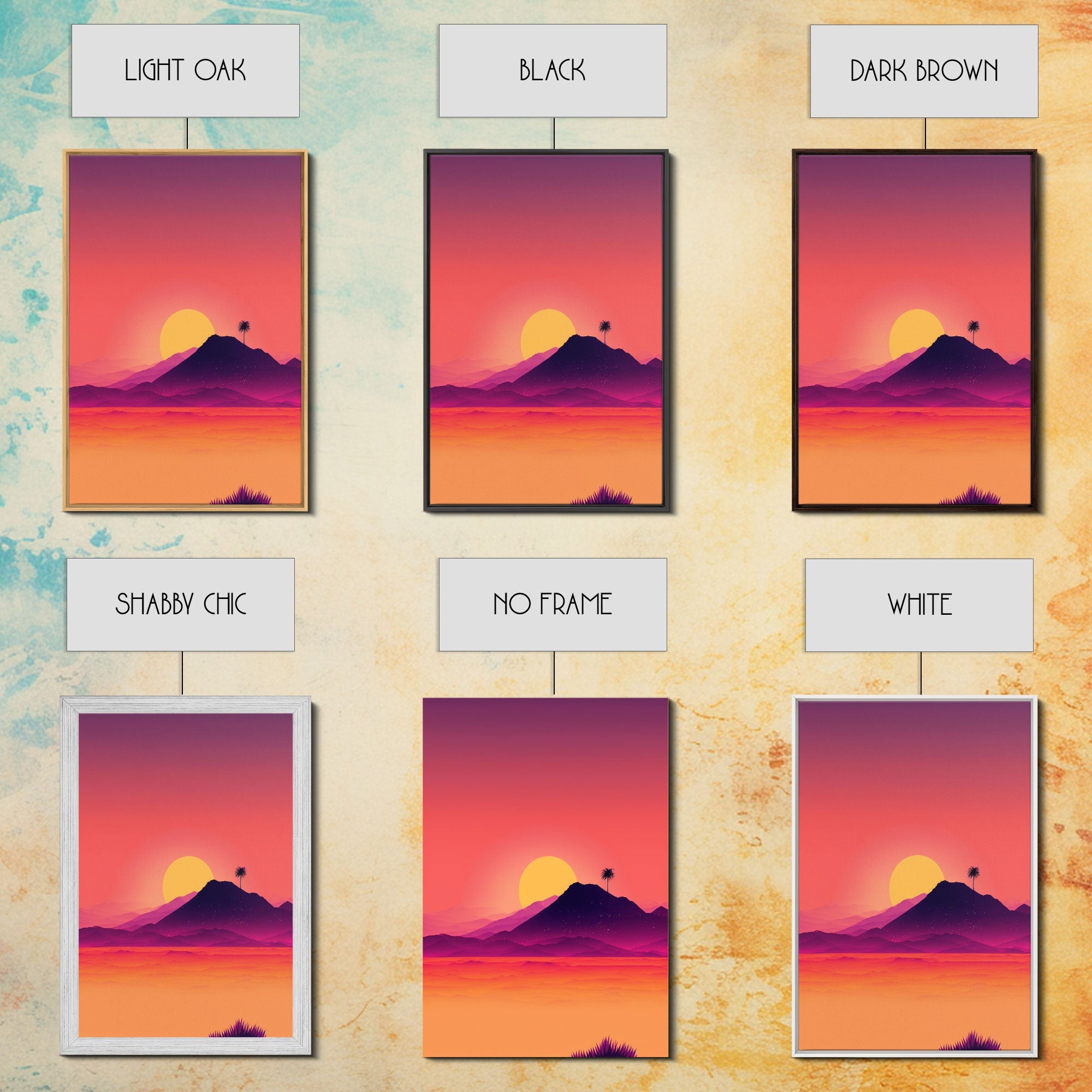 Outrun Style Desert Sunset, Framed Canvas Print, Retro Style 80s Vibe Wall Decor, Office Art, Game Room Decor, Living Room Gamer Art