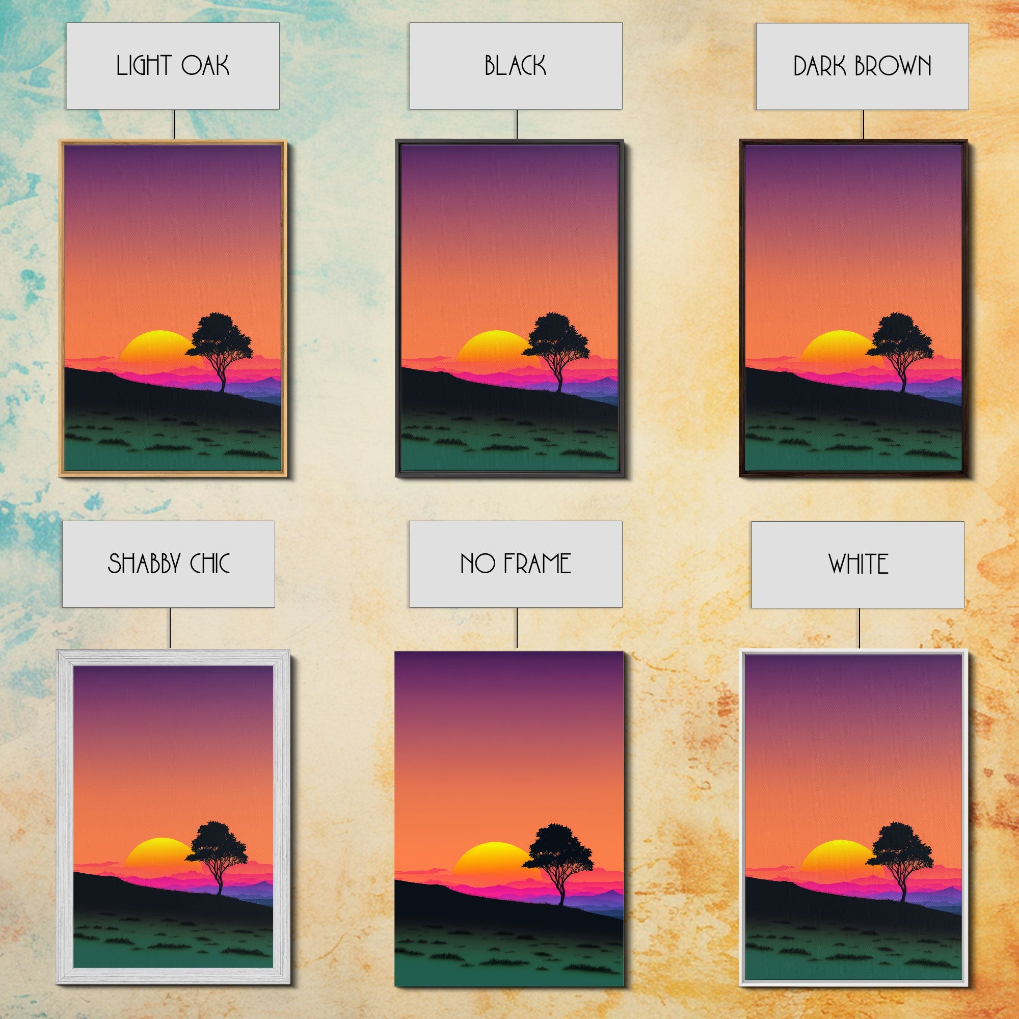 A Lone Tree in a Texas Field At Sunset, Retro Style MCM Art, Framed Canvas Print, Trendy Wall Prints, Landscape and Sunset Outrun Art