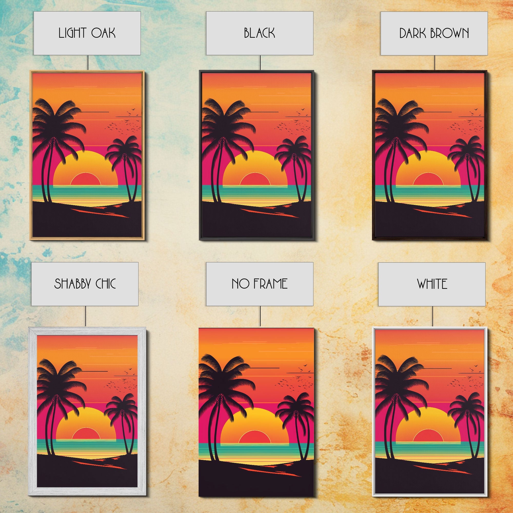 Retro Beach Vibes, Palm Trees at Sunset, Retrowave Landscape Art, Framed Canvas Print,  Florida Art, California Art, Game Room Decor