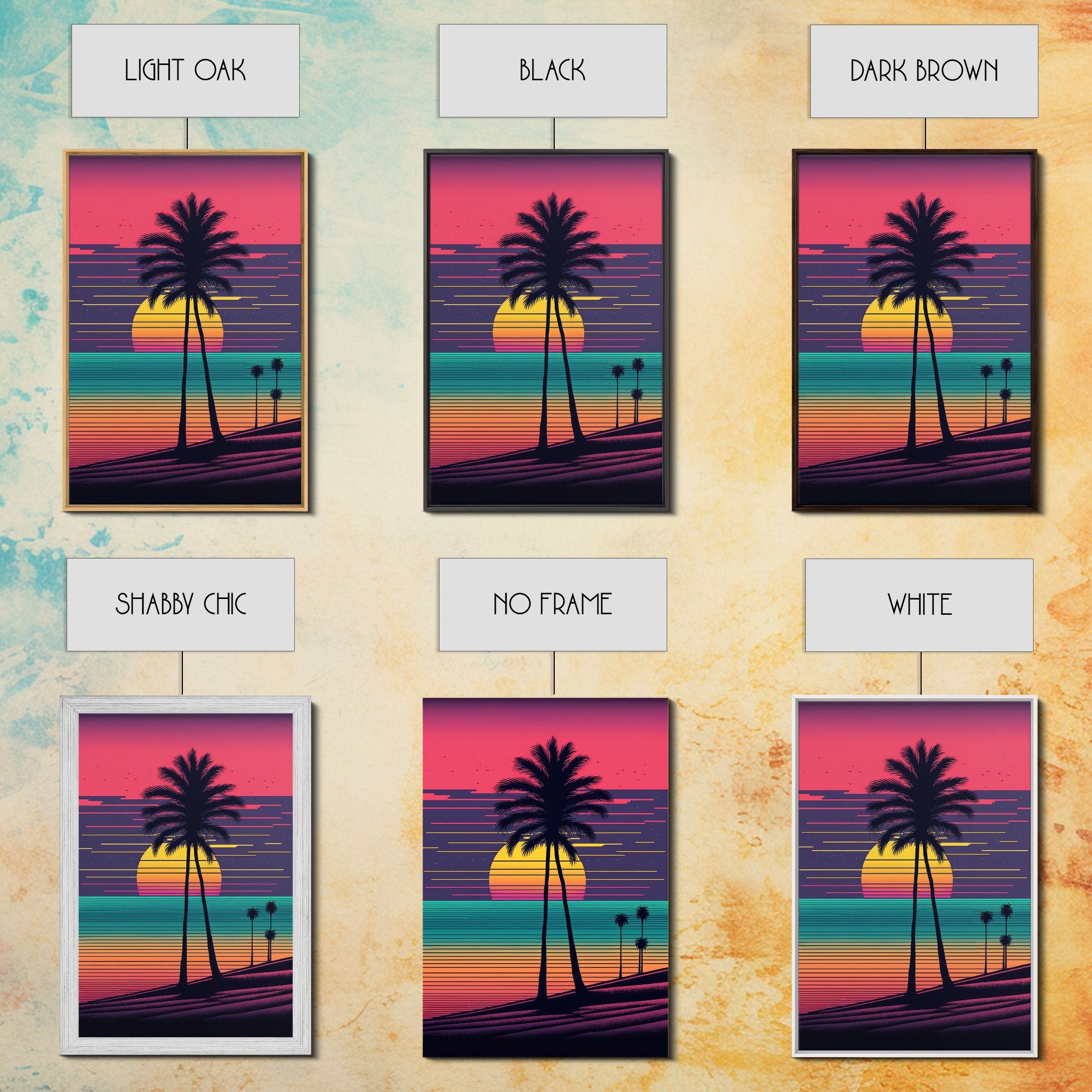 Synthwave Sunset, Retro Office Art, 80s Vibes, Framed Canvas Print, Framed Art, Trendy Wall Hanging