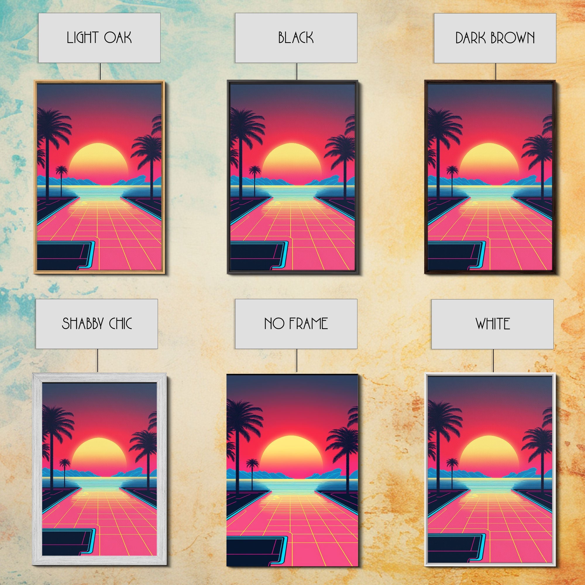 Retro Synthwave Sunset Canvas Print w/ Infinite Pool & Palm Trees | Framed Wall Decor | Framed Canvas Prints | Living Room Decor