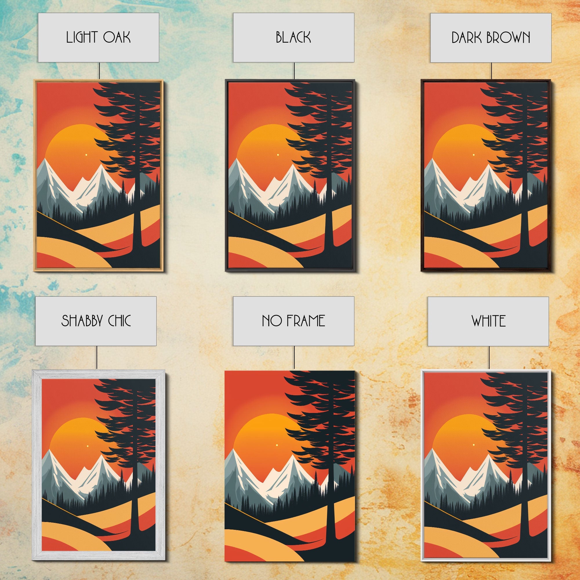 Retro Landscape Art, Sunset Over The Mountains, Framed Canvas Print, Minimalist Pop Art, Above Sofa Living Room Art, Entryway Art