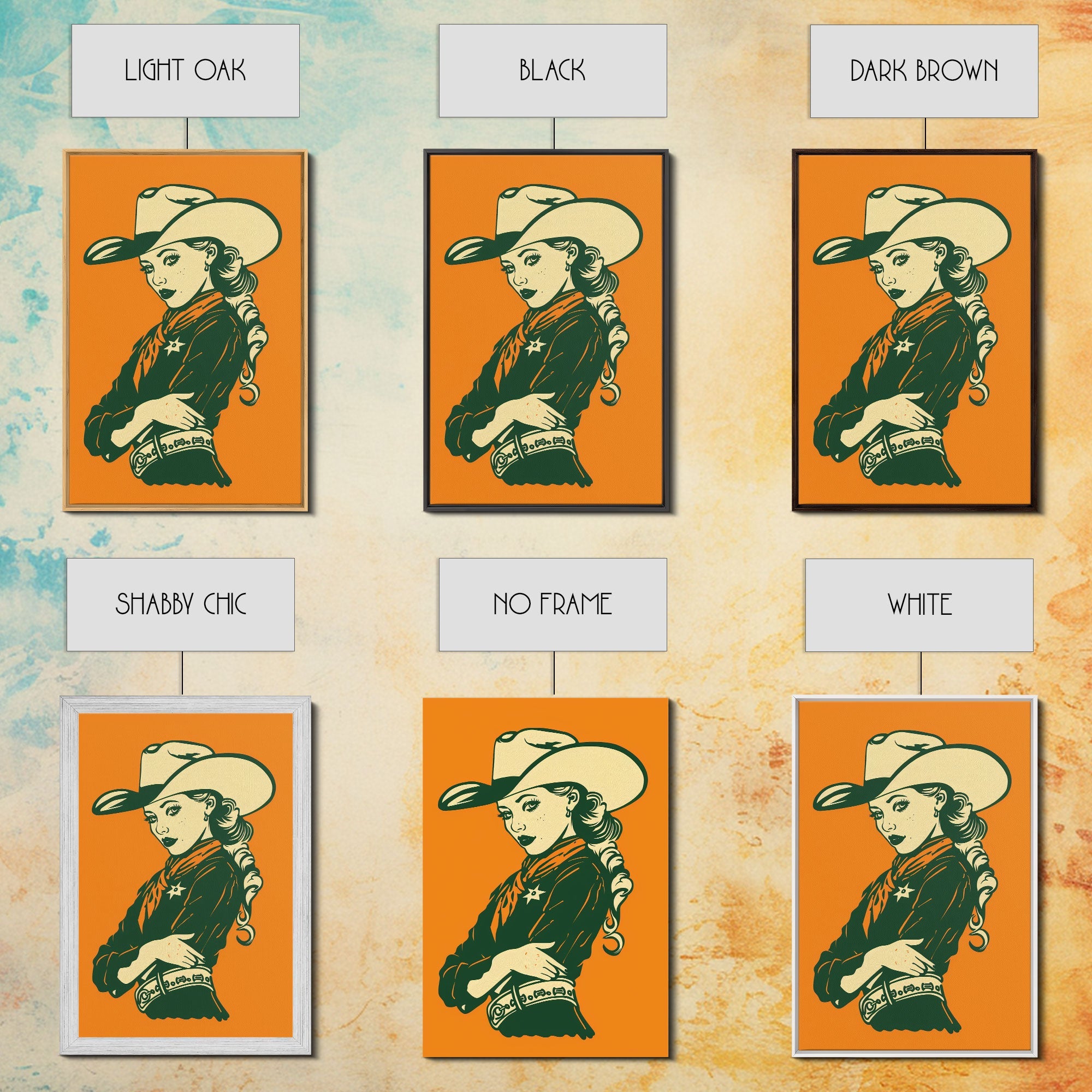 Elegant Retro Cowgirl with Hat Illustration | Framed Canvas Print | Vintage Western Art | Stylish Cowgirl Wall Art for Living Room