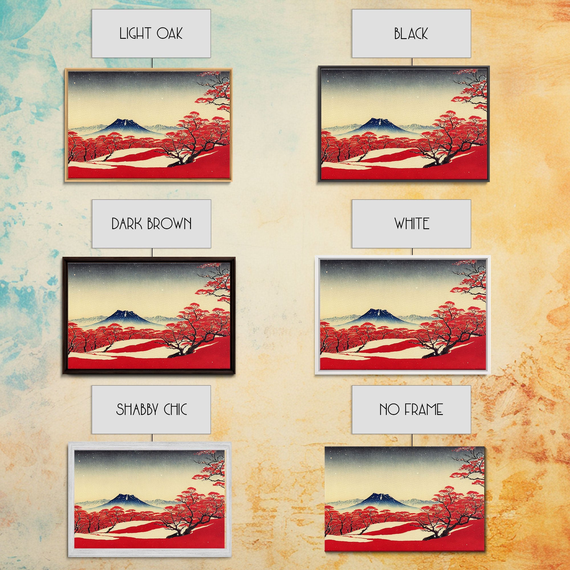 Mt. Fuji in the winter, Japanese style art, Japanese maple trees, framed canvas print, unique retro style art