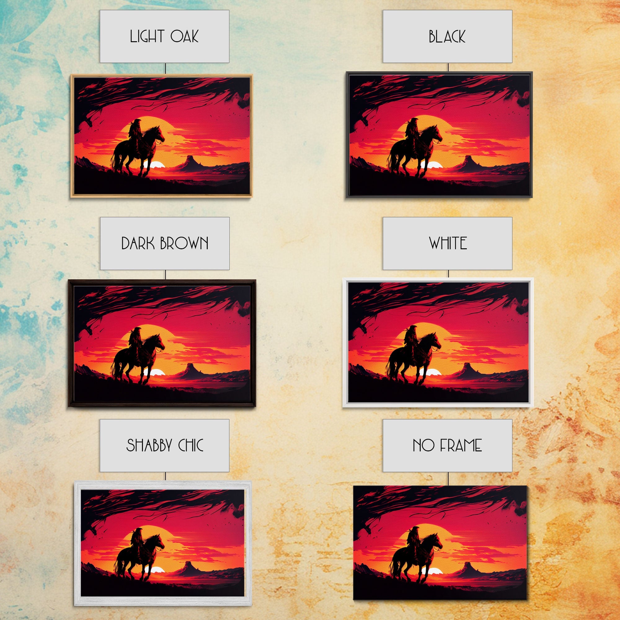 Retro Wildwest Sunset Art, Framed Canvas Print, Native American Warrior on Horseback