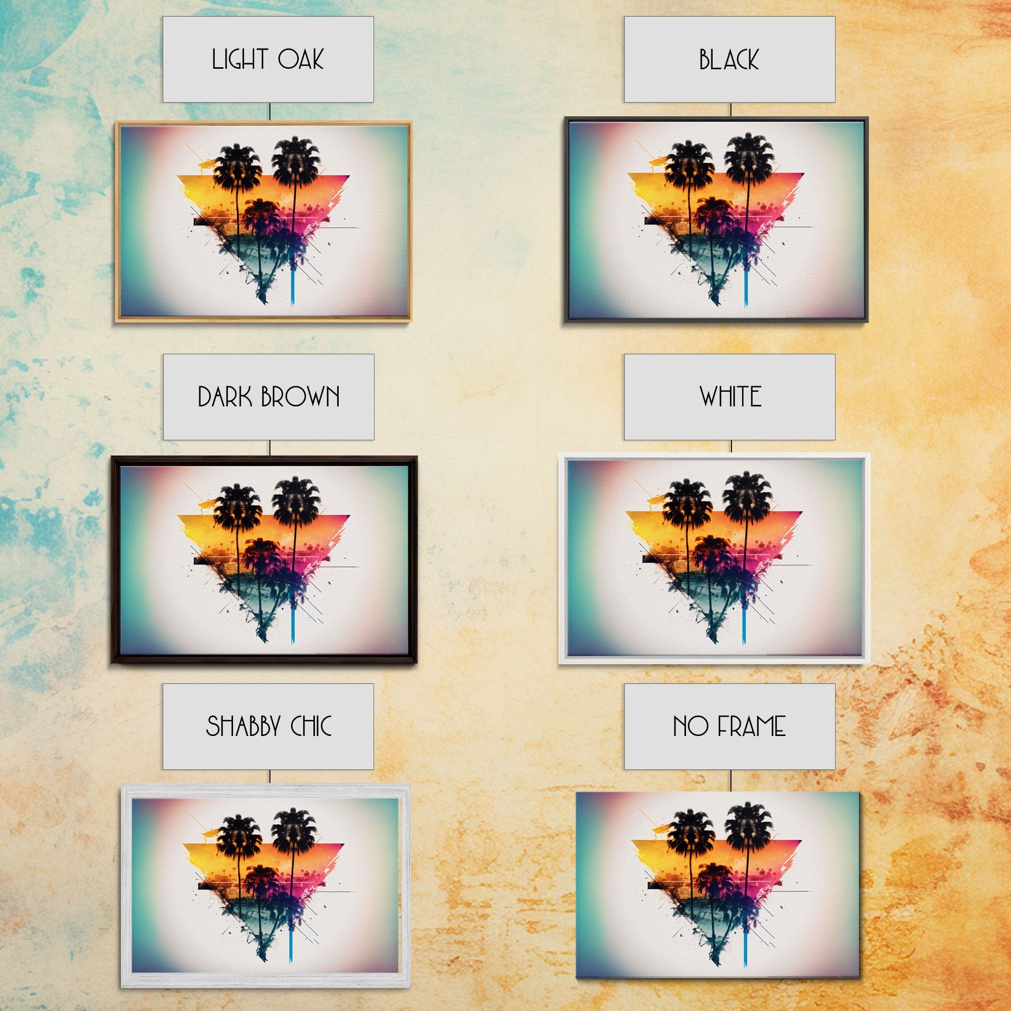 Retrowave / Synthwave Sunset Behind Beautiful Palm Trees, 1980s Style Retro Home Decor, Framed Canvas Print, Double Exposure Art