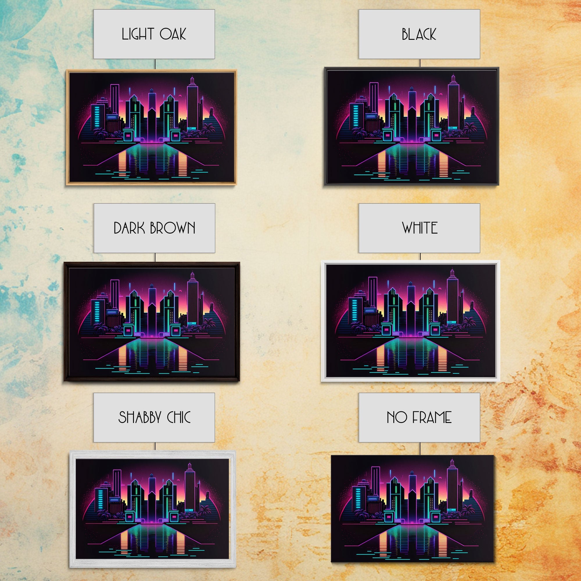 Retro Style Synthwave Wireframe City, Outrun Style, Framed Canvas Print, 80s Vibes Art