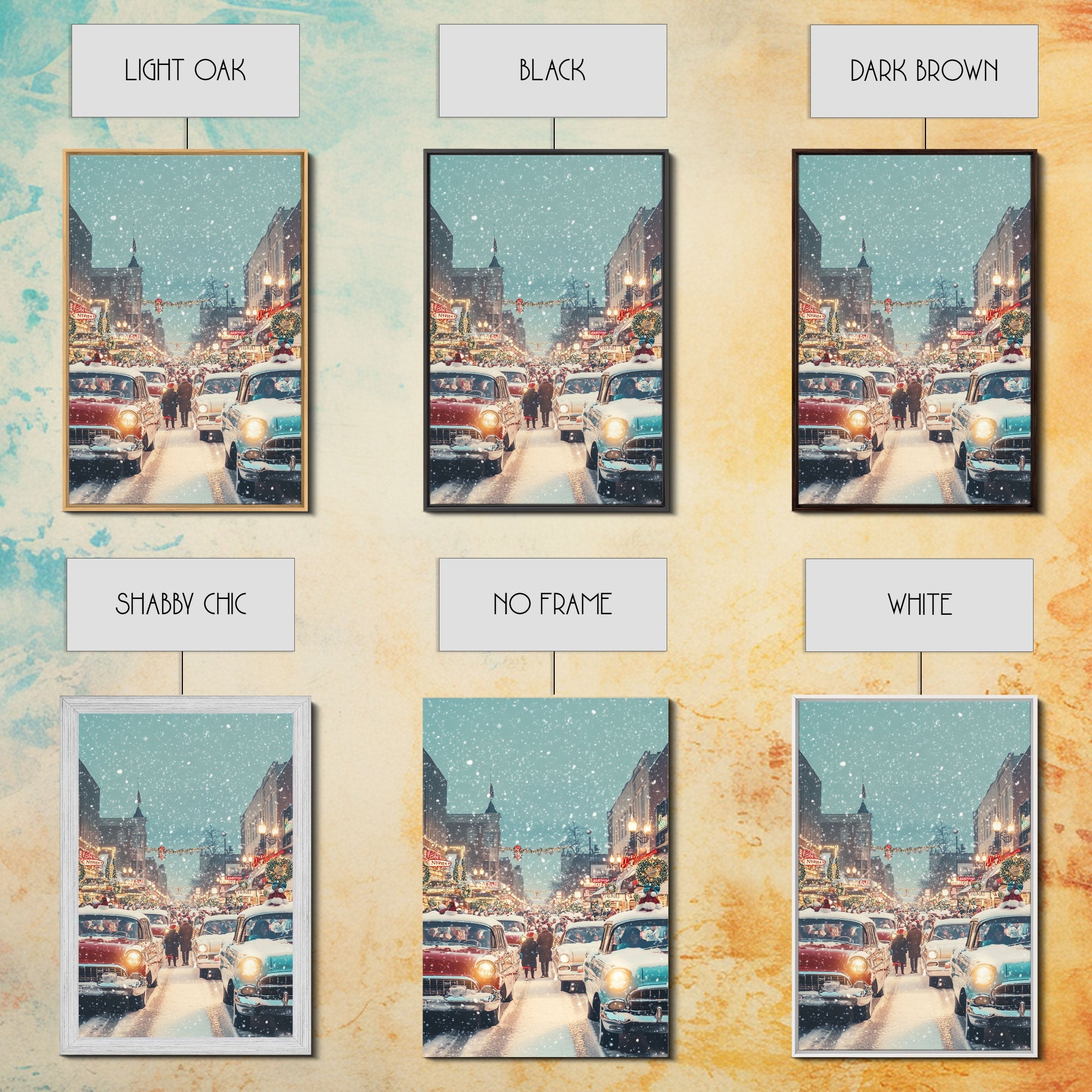 Retro Christmas Parade on Snowy Main Street with Classic Cars and Holiday Decorations, Framed Canvas Print for Christmas Wall Decor