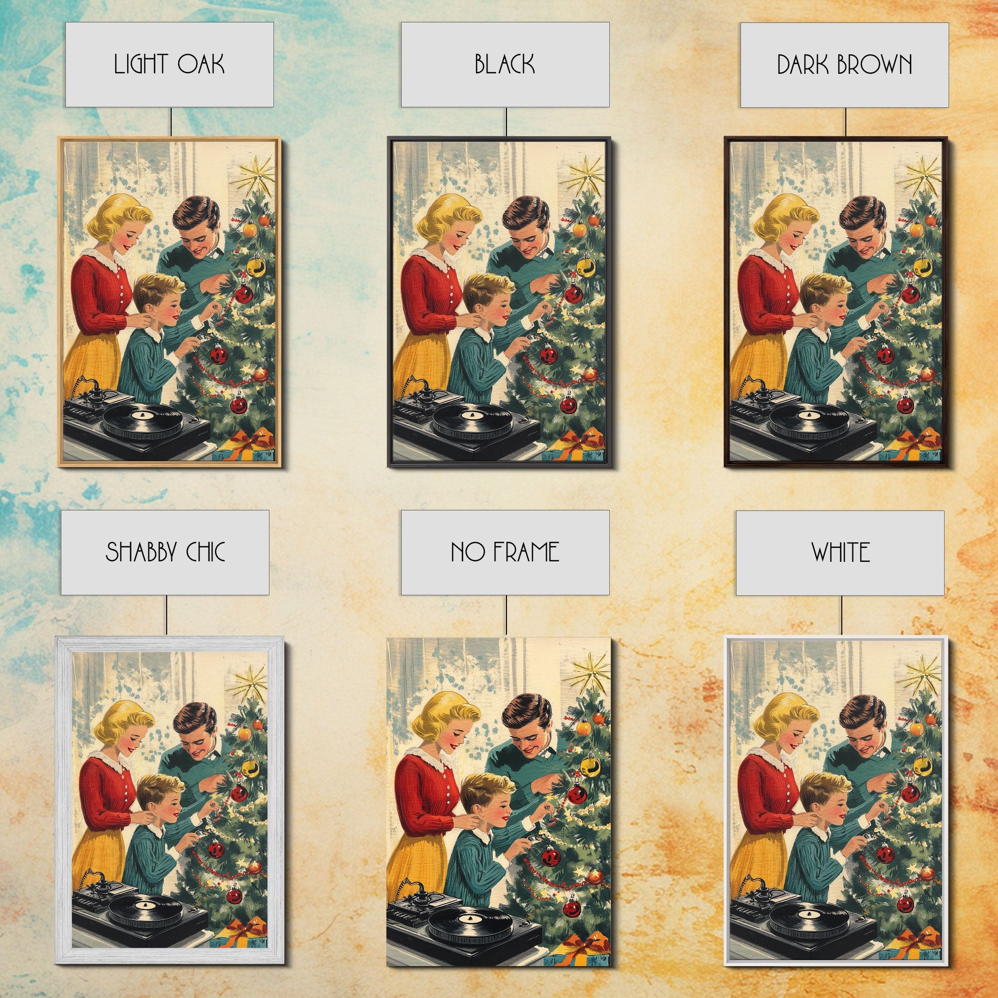 Mid-Century Family Christmas Celebration with Turntable and Christmas Tree, Retro Holiday Wall Art, Framed Canvas Print