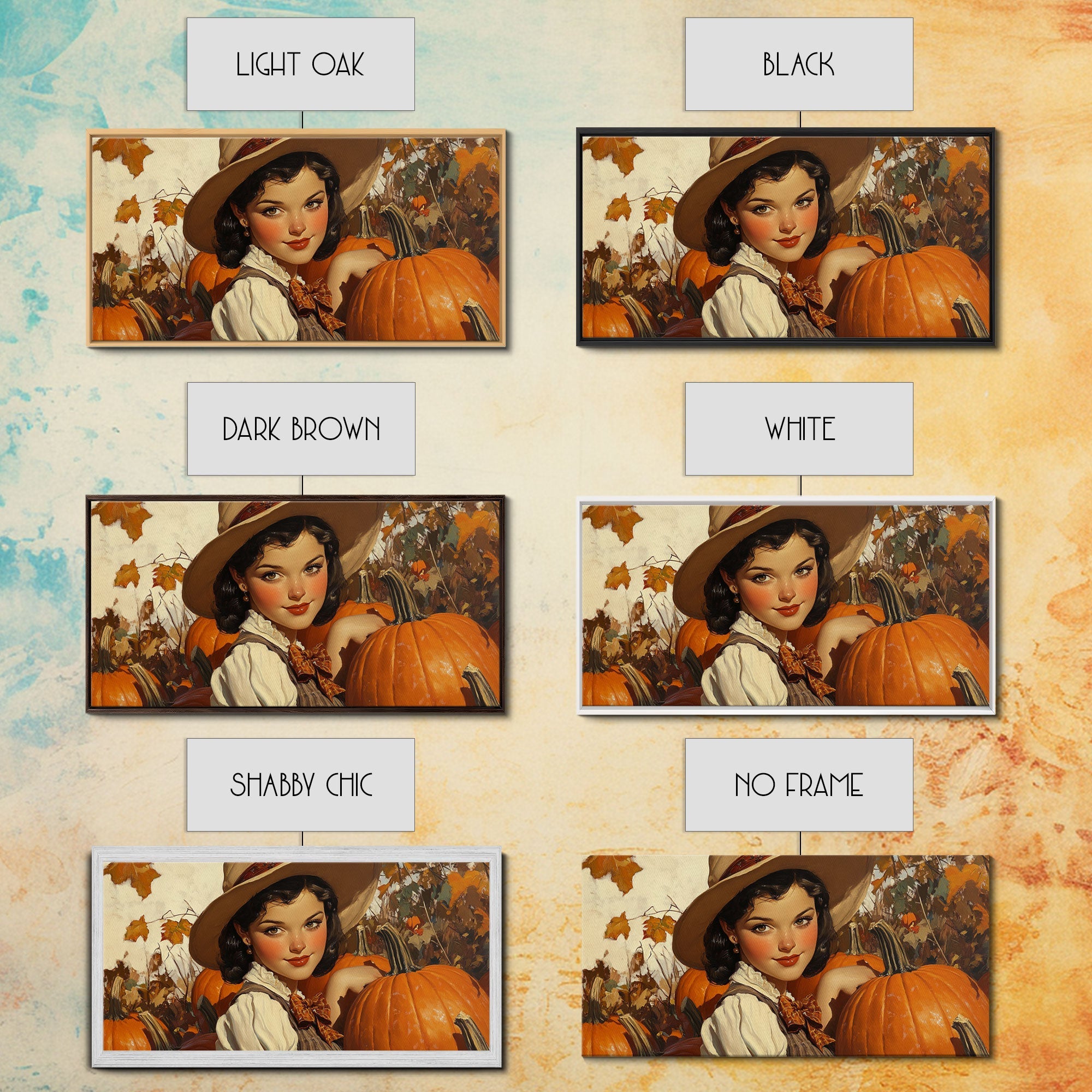 Cowgirl In A Pumpkin Patch, Framed Canvas Print, Retro Style Fall or Thanksgiving Wall Art, Farmhouse Decor, Christmas Wall Decor Gift