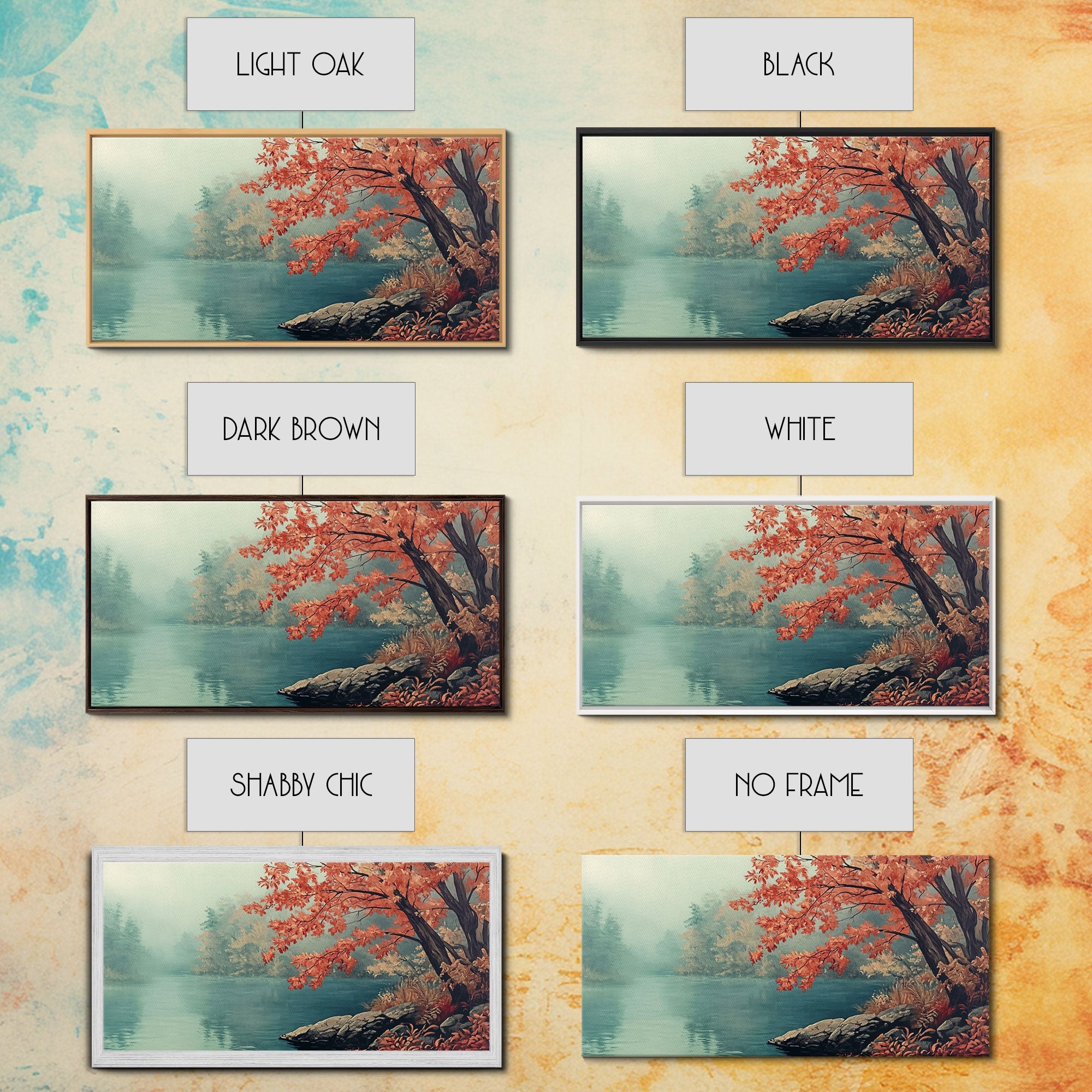 Fall On The Lake, Watercolor Landscape Painting Framed Canvas Print, retro holiday decor wall art with nostalgic vibe